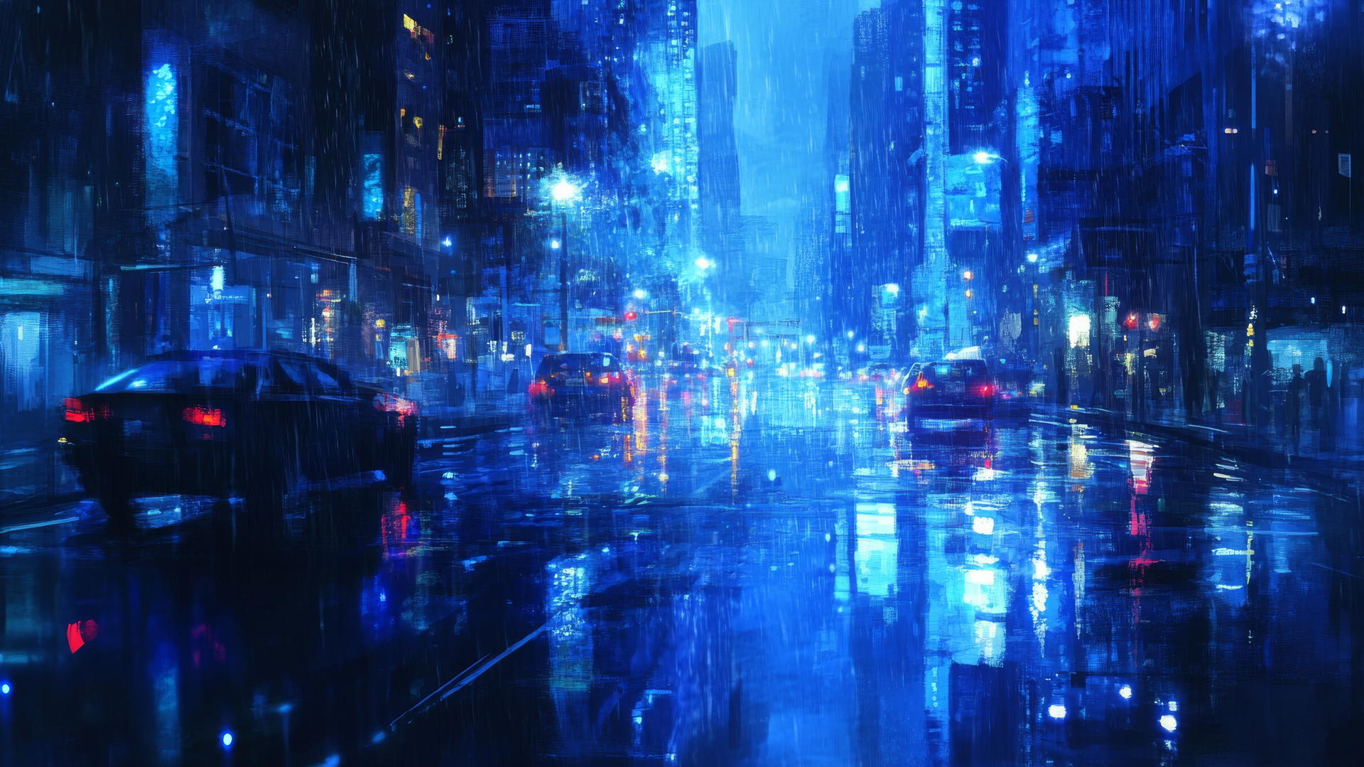 wallpaper blue, rainy city street with shimmering reflections