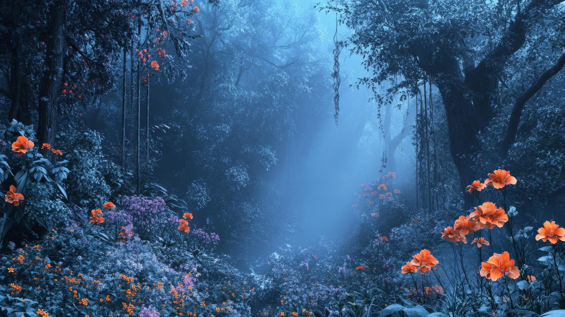 wallpaper blue with an enchanted floral forest and blue mist among trees