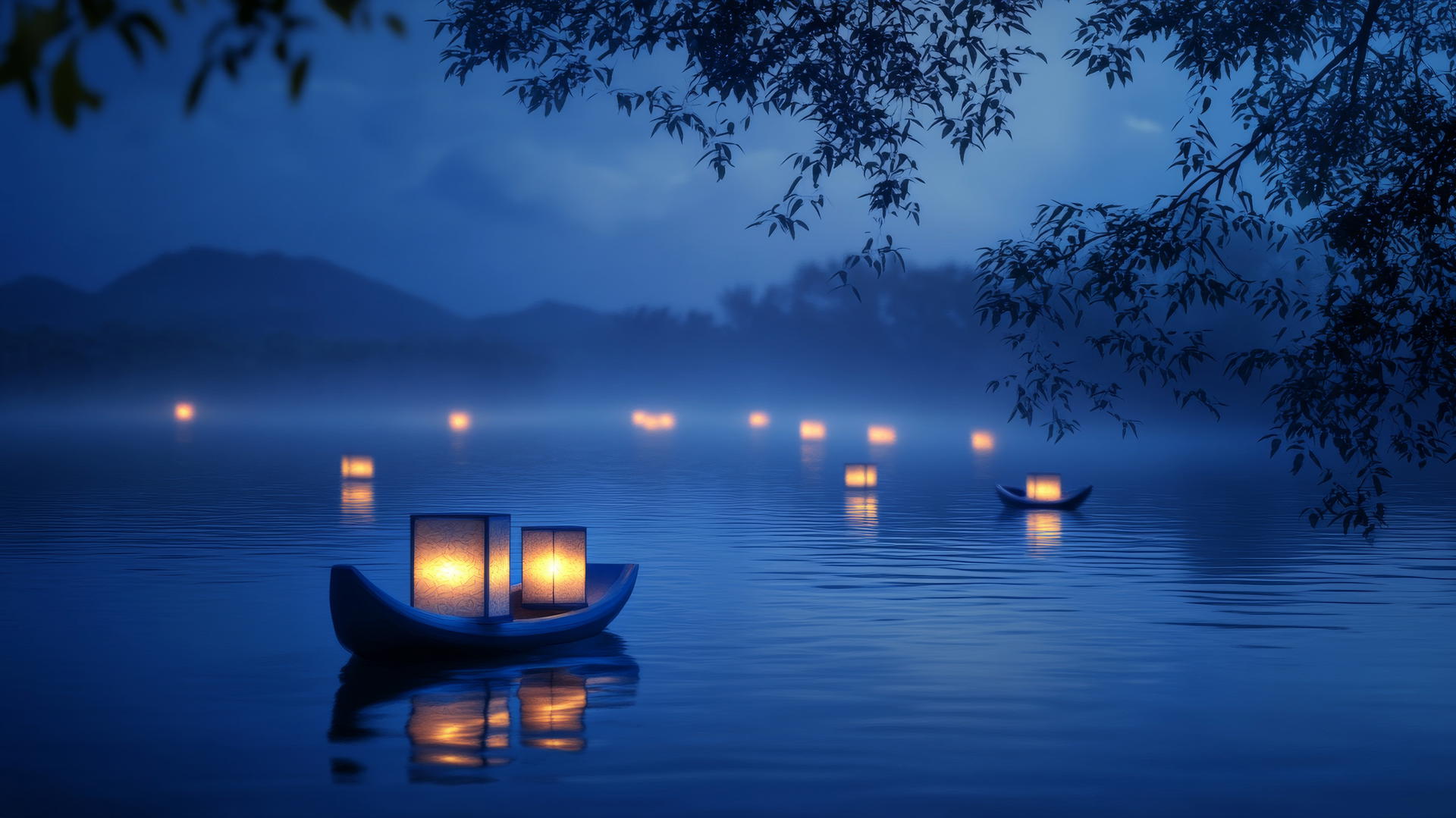 aesthetic blue wallpaper with floating lanterns on a twilight lake