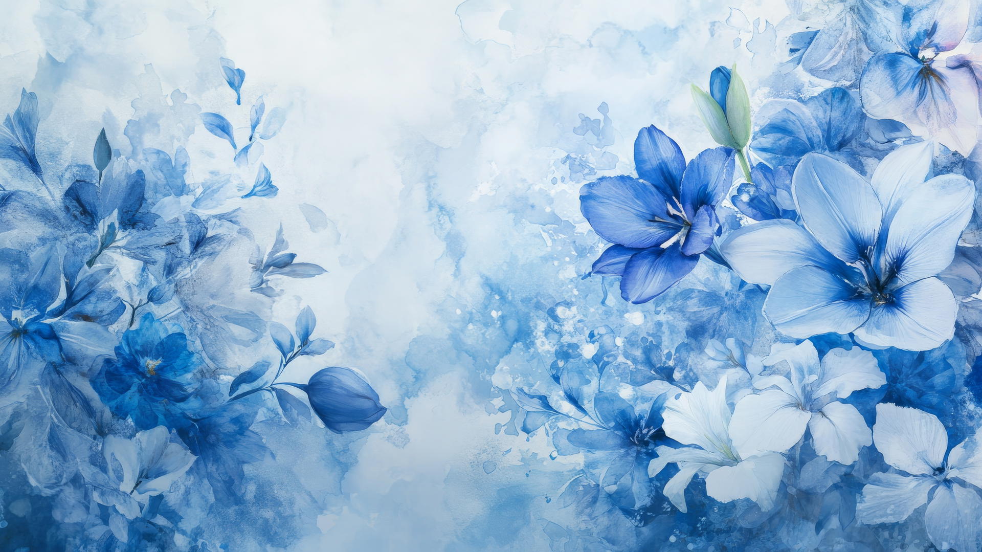Blue flower wallpaper with watercolor tulips, lilies, and irises