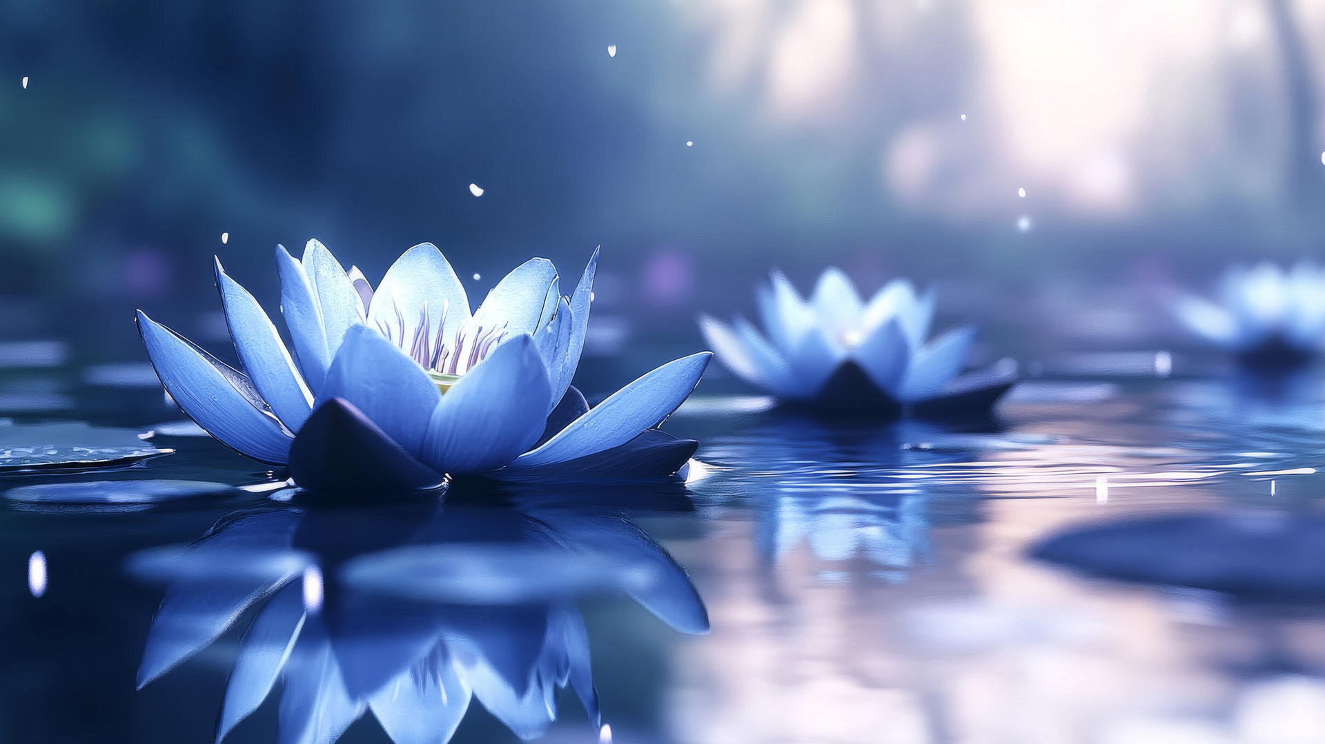 aesthetic wallpaper blue lotus blossoms on still water with reflections and ripples