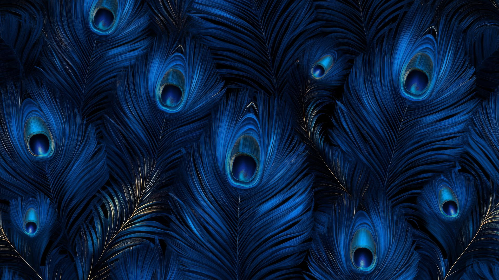 Royal blue wallpaper with peacock feathers and iridescent highlights