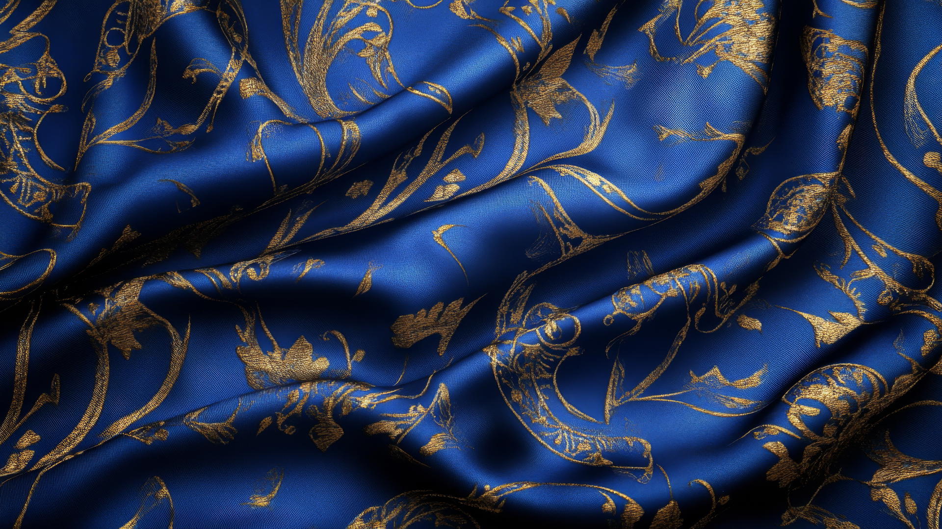Royal blue wallpaper with gold embroidery and elegant texture