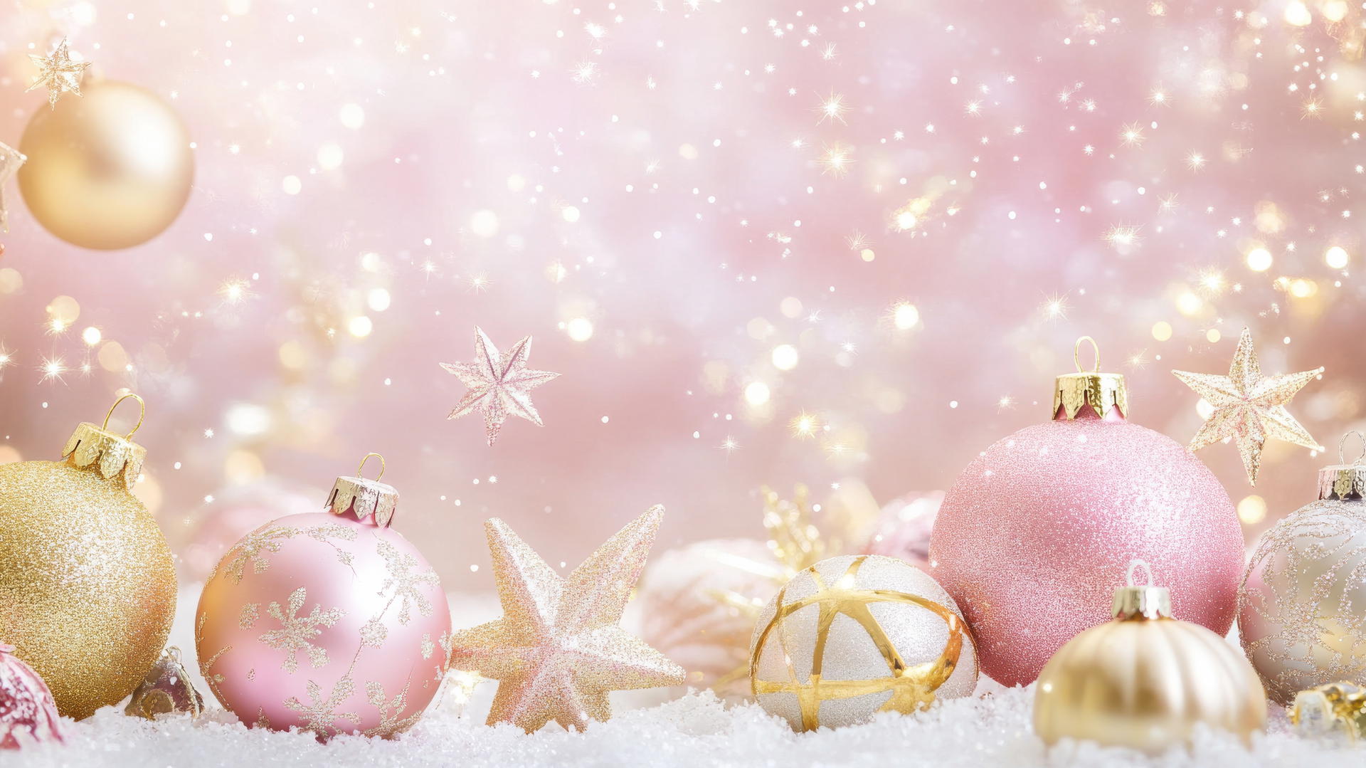 Girly cute Christmas scene with pink and gold colors, stars, snowflakes, and glittery ornaments