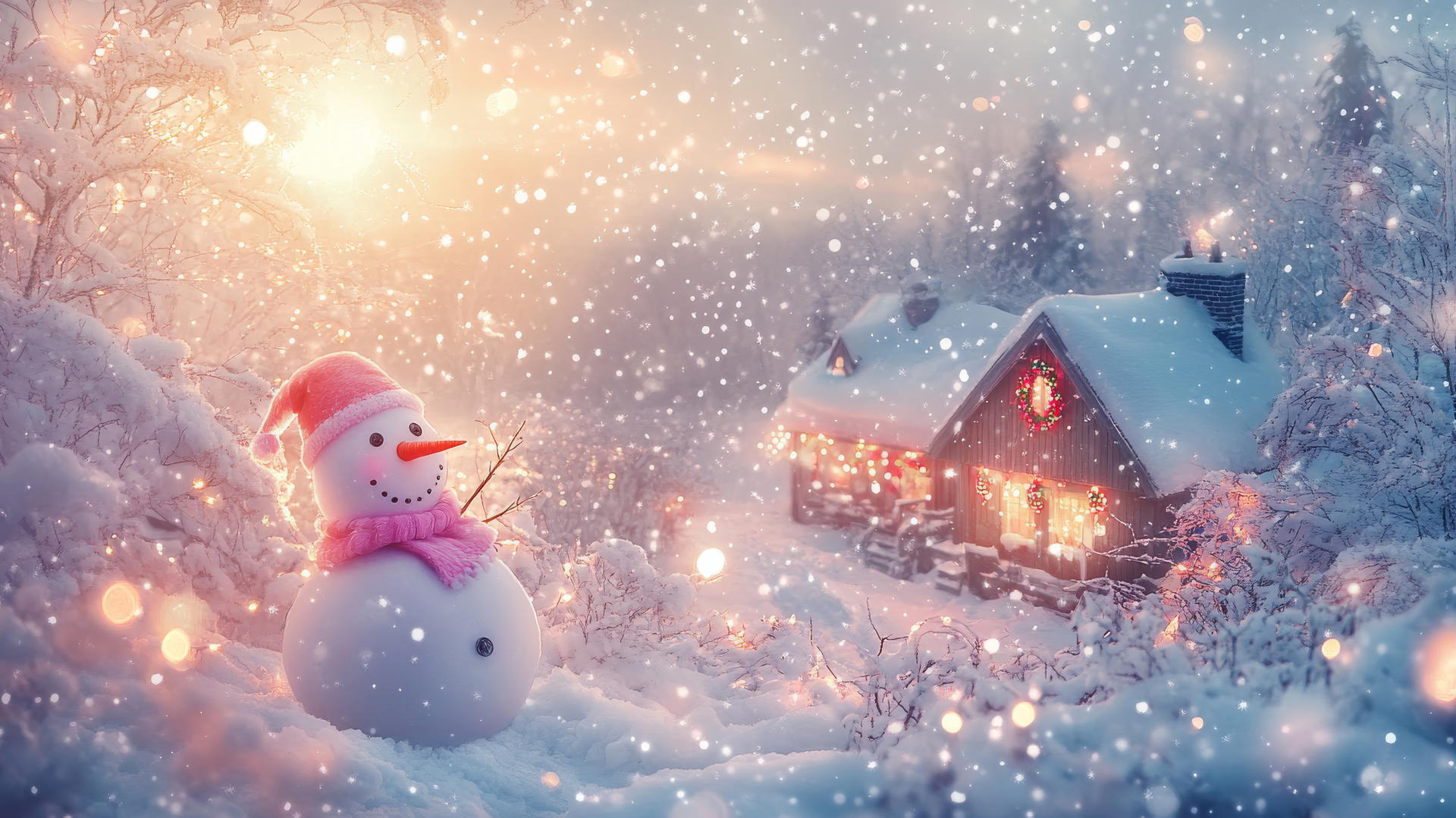 Girly cute Christmas wallpaper with pastel colors, cozy cottage, and fairy lights.