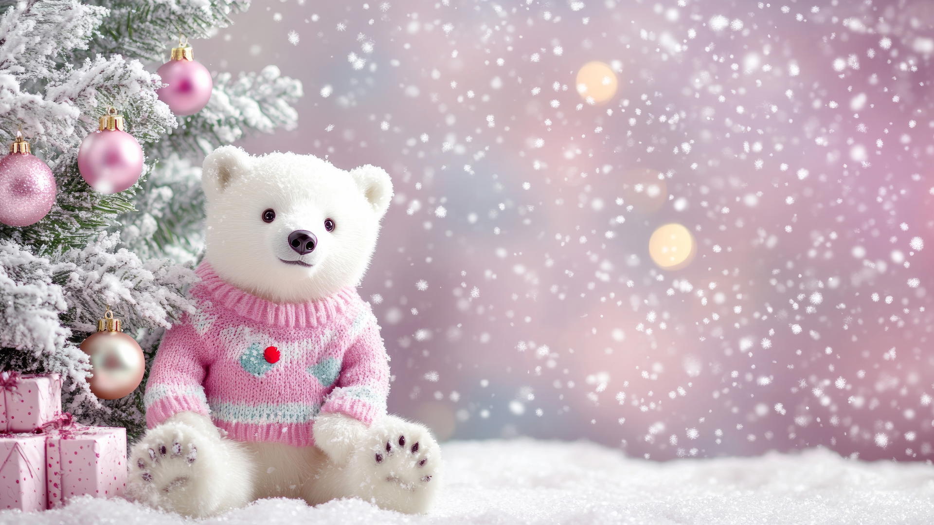 girly cute christmas wallpaper with a polar bear in pink sweater by a pastel Christmas tree