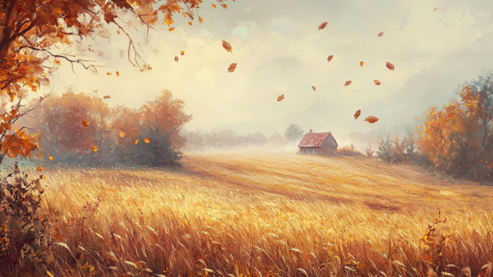 Aesthetic Thanksgiving wallpaper of a misty autumn morning with farmhouse