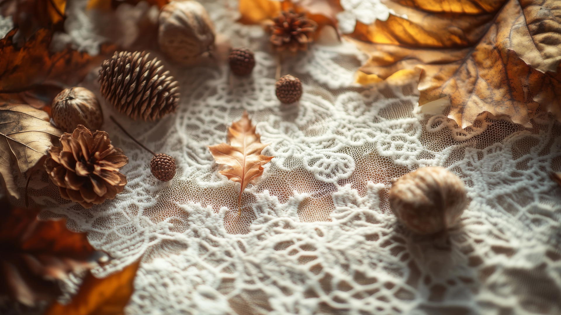 Intricate vintage lace tablecloth with autumn leaves, chestnuts, and pine cones; thanksgiving aesthetic wallpaper