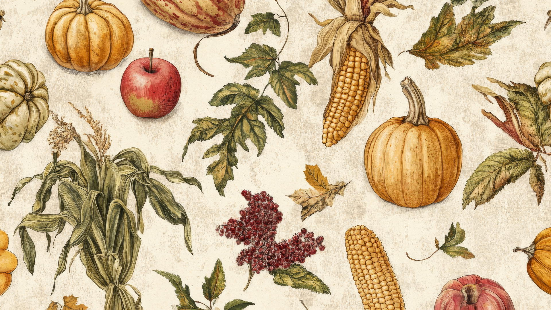 Thanksgiving aesthetic wallpaper with vintage botanical illustration of autumn fruits and vegetables