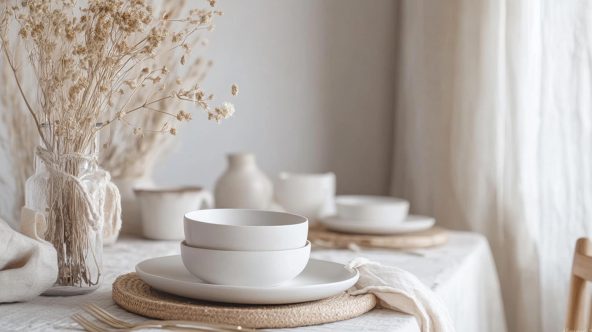 thanksgiving aesthetic wallpaper with white ceramic dishes, dried twigs, soft beige textiles