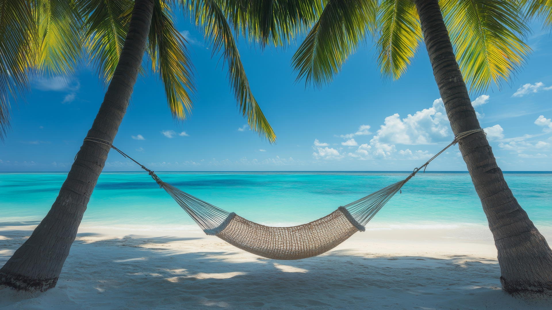 Hammock between palm trees on a tropical beach, overlooking turquoise ocean, with clear skies - summer wallpaper