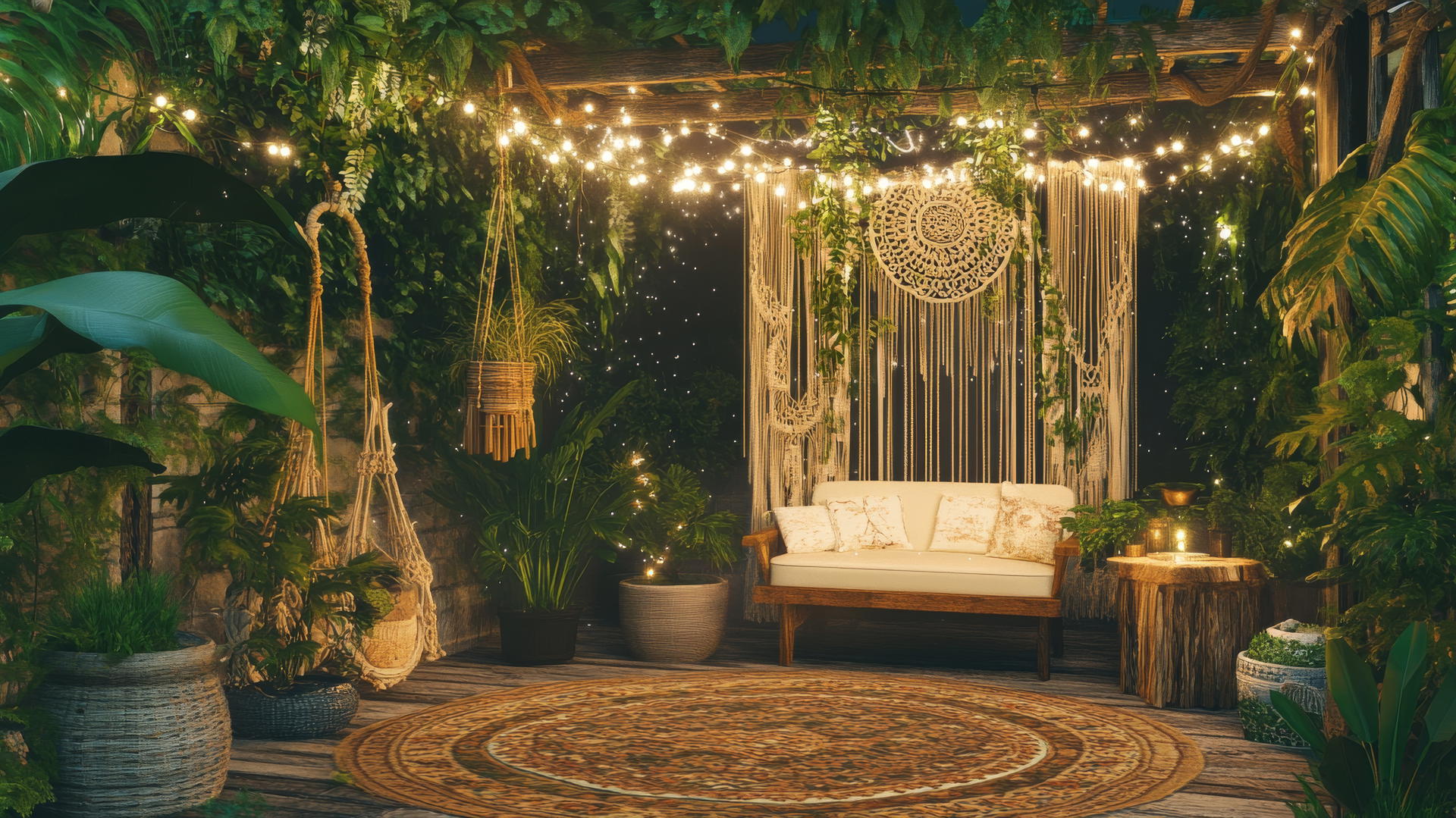summer aesthetic wallpaper with fairy lights, macrame decor, and greenery