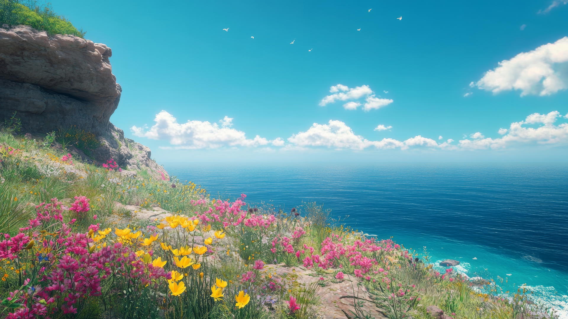 Scenic coastal cliffside view with wildflowers, ocean vista, summer aesthetic wallpaper