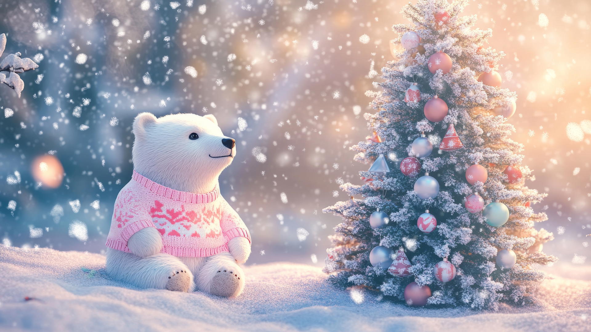 girly cute christmas wallpaper with polar bear in pink sweater by pastel tree