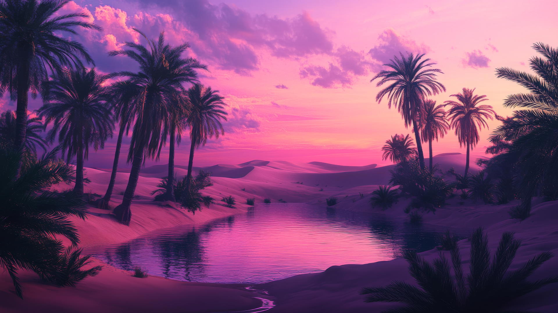 summer background wallpaper of a desert oasis at dusk with palm trees and sand dunes