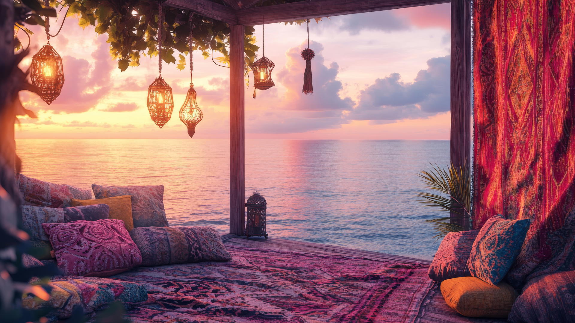 summer wallpaper aesthetic with a bohemian-style beach hut, colorful tapestries, and pink sunset