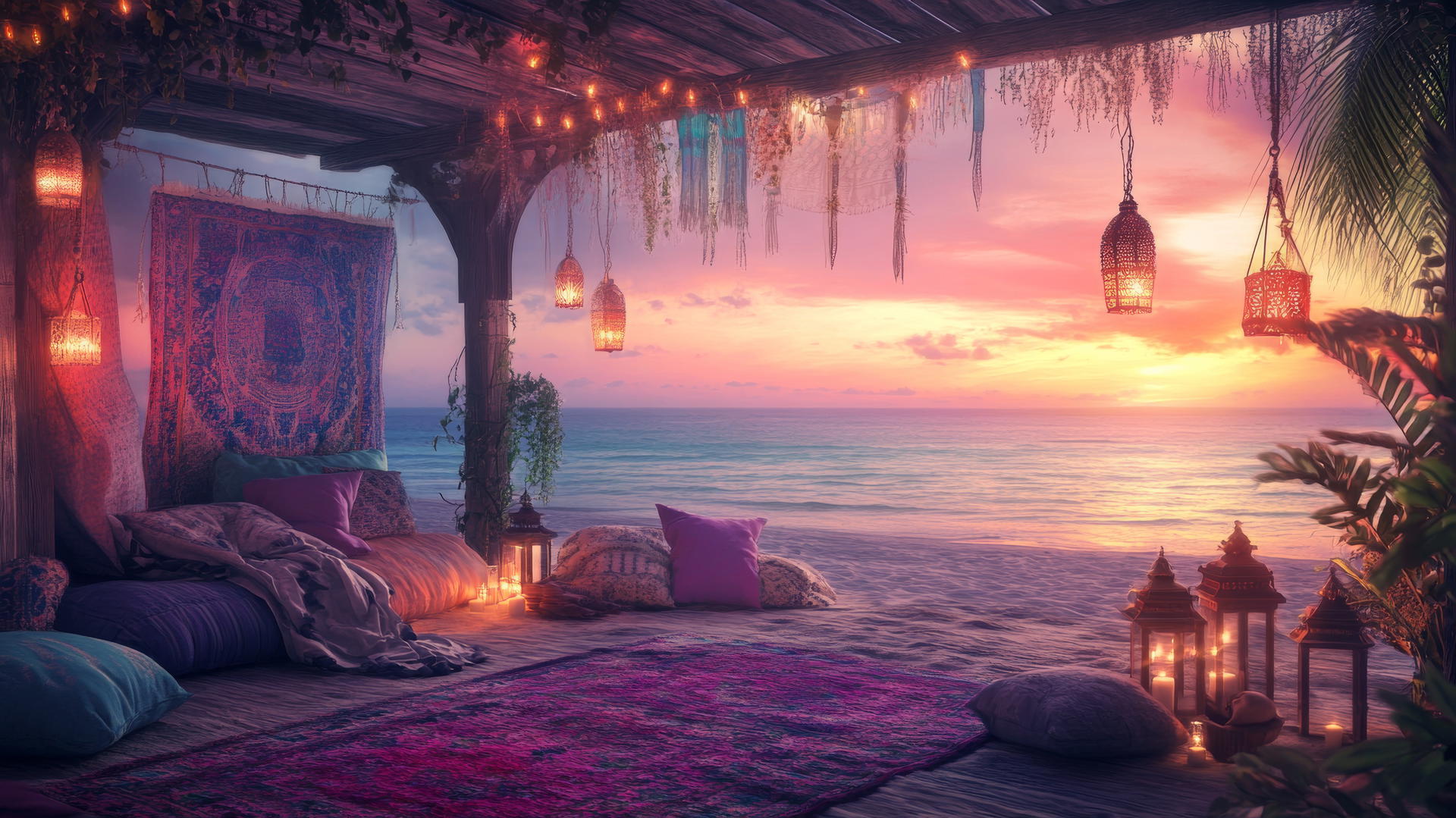 Bohemian-style beach hut with colorful tapestries, lanterns, cushions, serene ocean, pink sunset, summer wallpaper aesthetic.