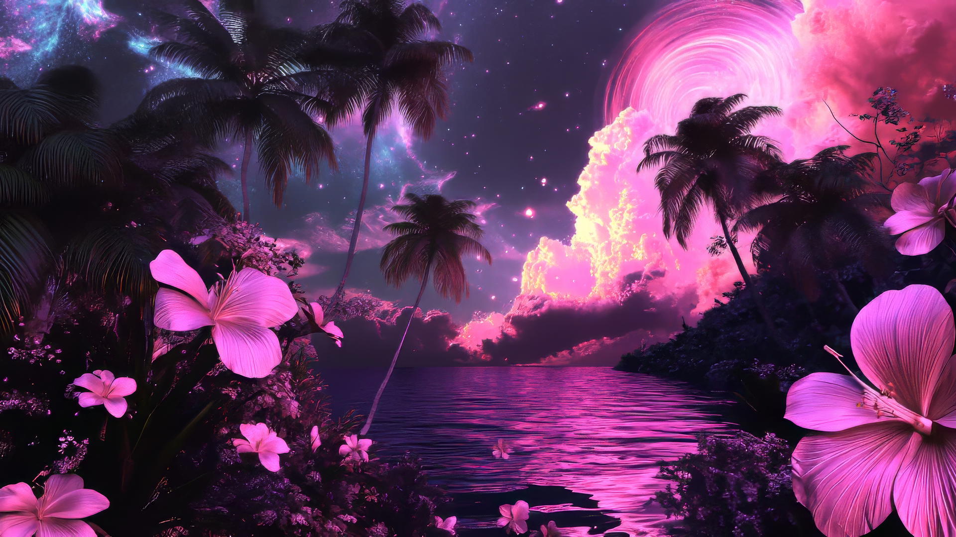 A surreal tropical dreamscape with oversized exotic flowers, floating palm trees, neon pink ocean under a swirling starry sky, summer wallpaper aesthetic
