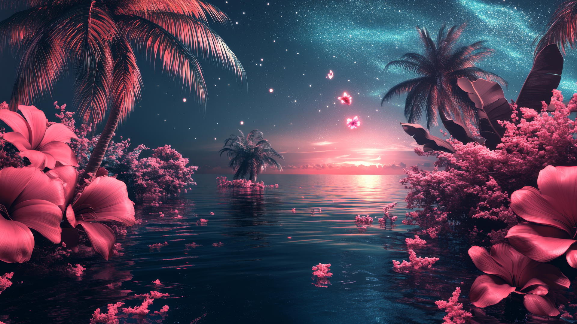summer wallpaper aesthetic with surreal tropical dreamscape, exotic flowers, floating palm trees, neon pink ocean, and starry sky