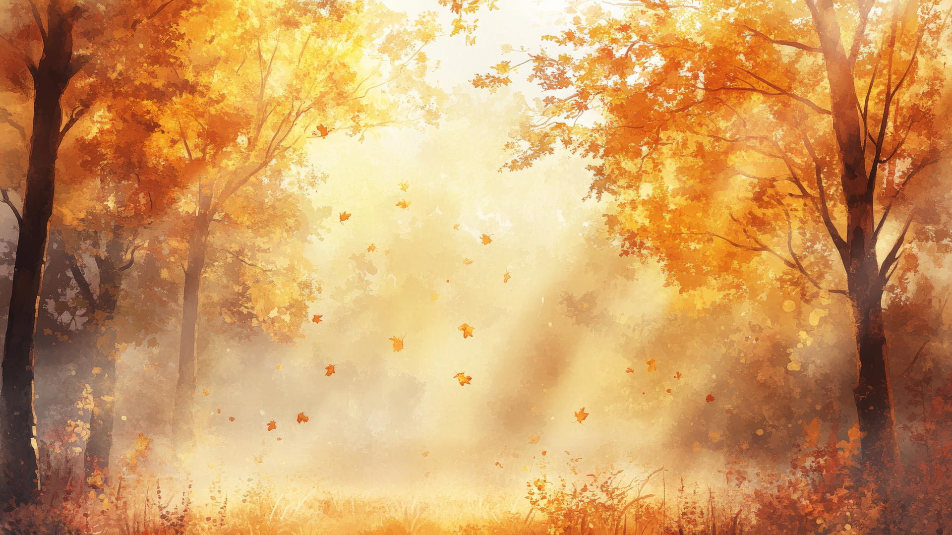 thanksgiving wallpaper aesthetic with an ethereal watercolor painting of an autumn forest, golden sunlight, soft-focus falling leaves, and misty fog