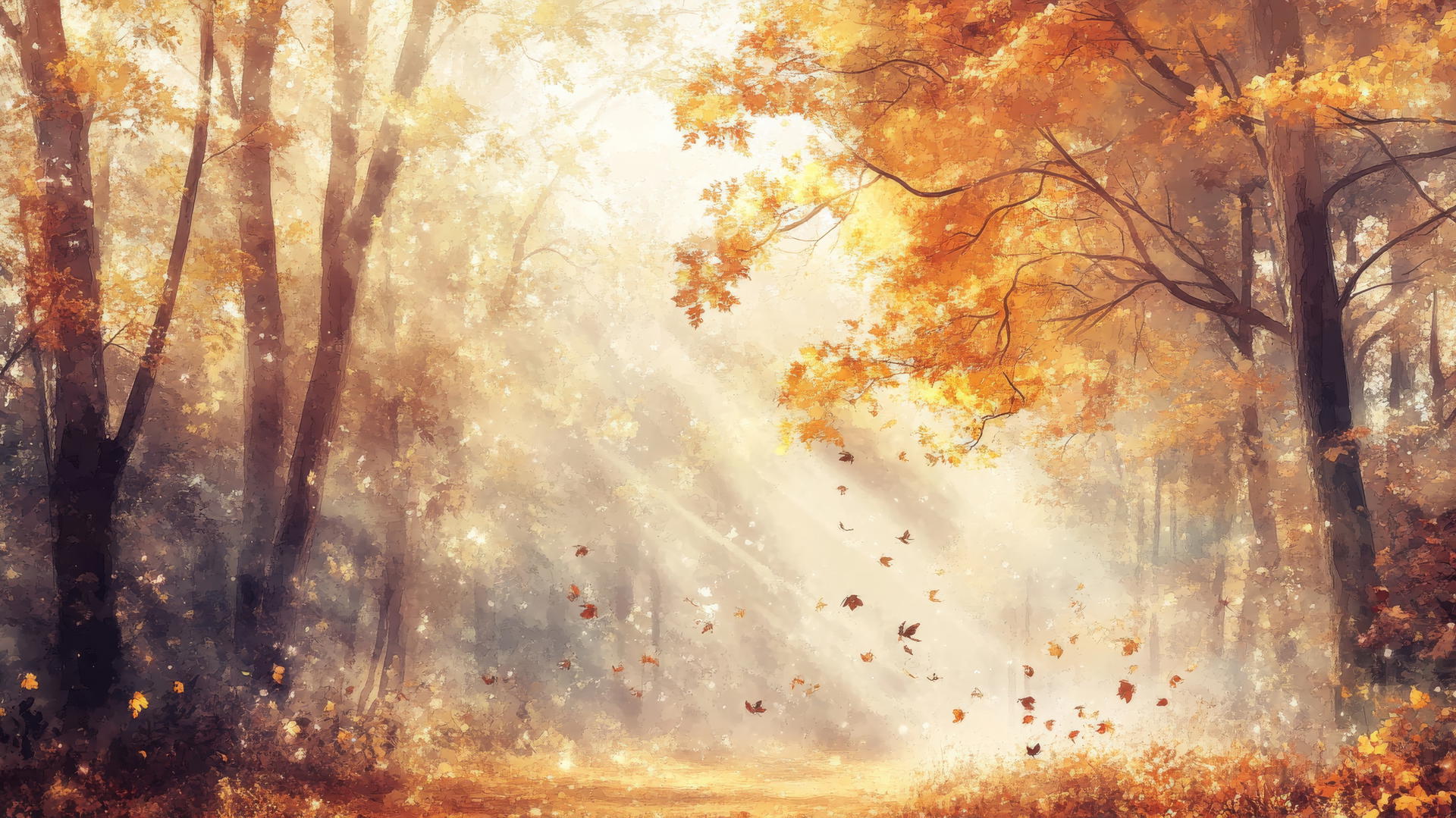 Thanksgiving wallpaper aesthetic with ethereal watercolor autumn forest, golden sunlight, and soft-focus falling leaves