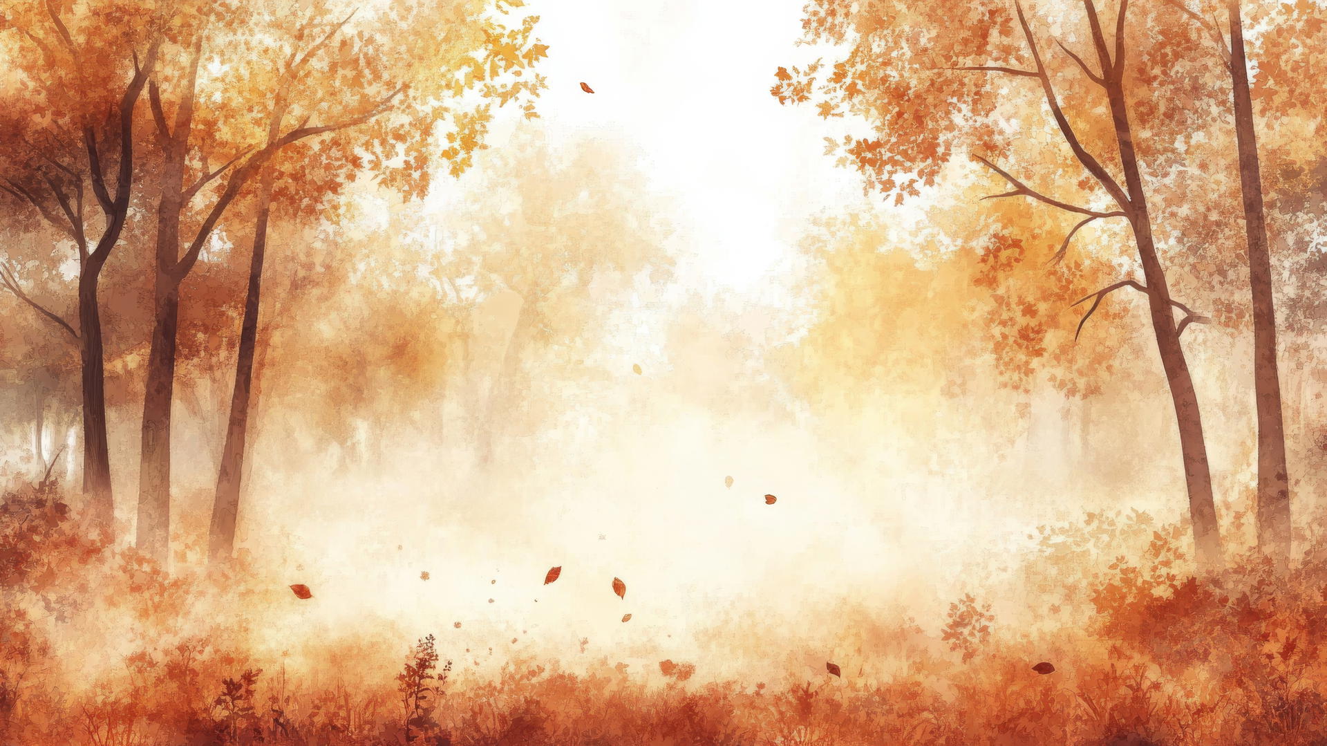 thanksgiving wallpaper aesthetic with ethereal watercolor autumn forest, golden sunlight, falling leaves, and misty fog