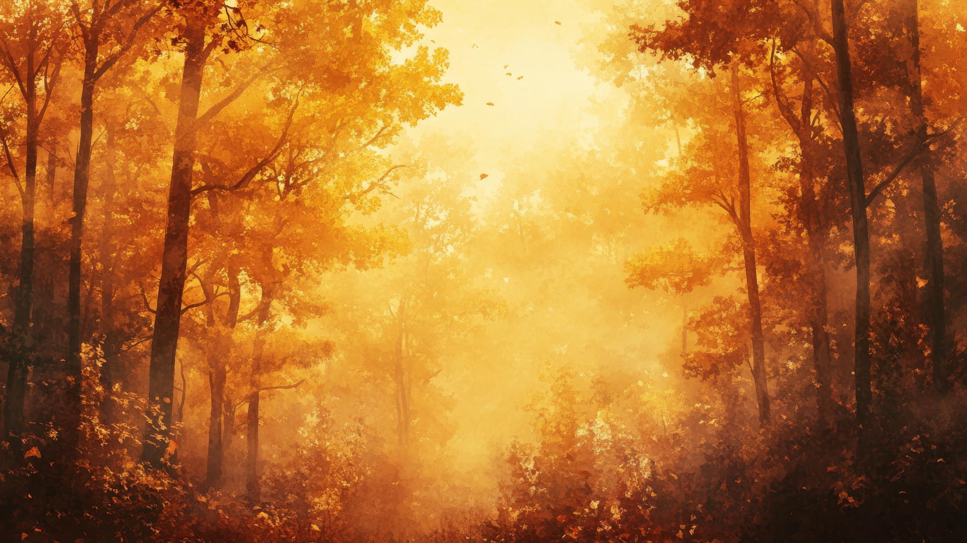 thanksgiving wallpaper aesthetic, ethereal watercolor autumn forest with sunlight and falling leaves