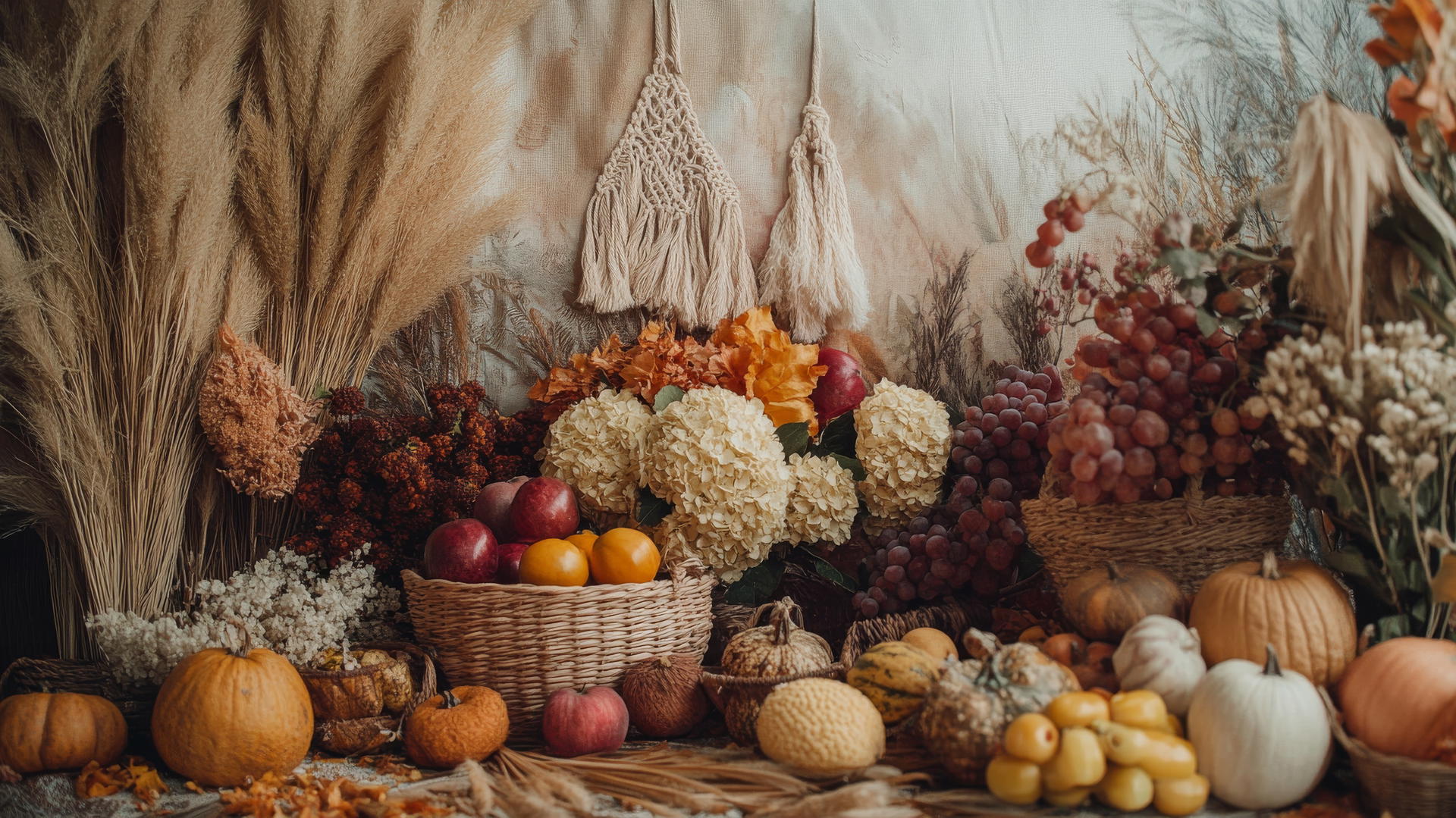 Thanksgiving wallpaper aesthetic with macramé, pampas grass, baskets, and autumnal fruits