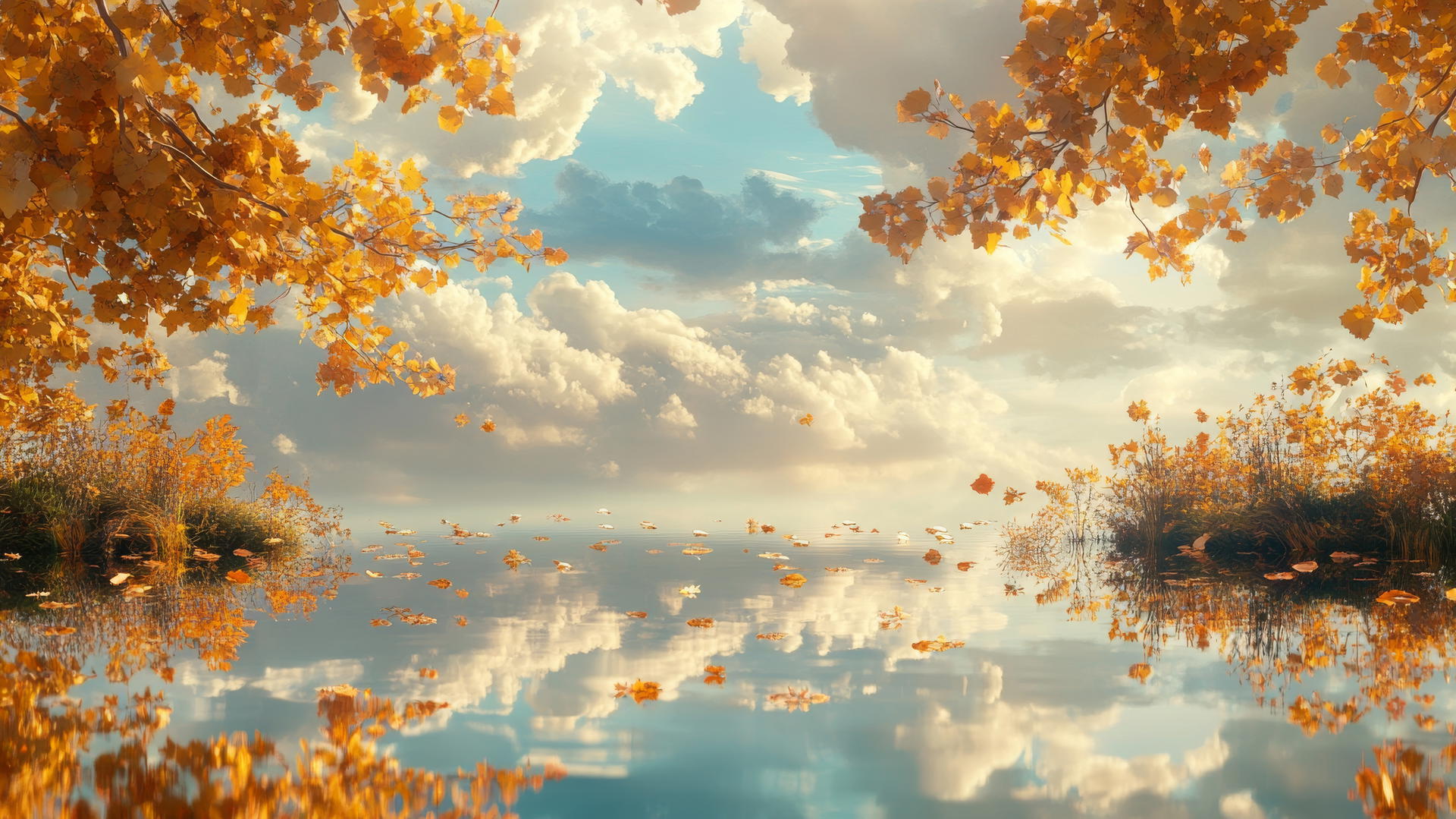 Ethereal landscape with floating golden leaves, pastel autumn sky, aesthetic thanksgiving wallpaper