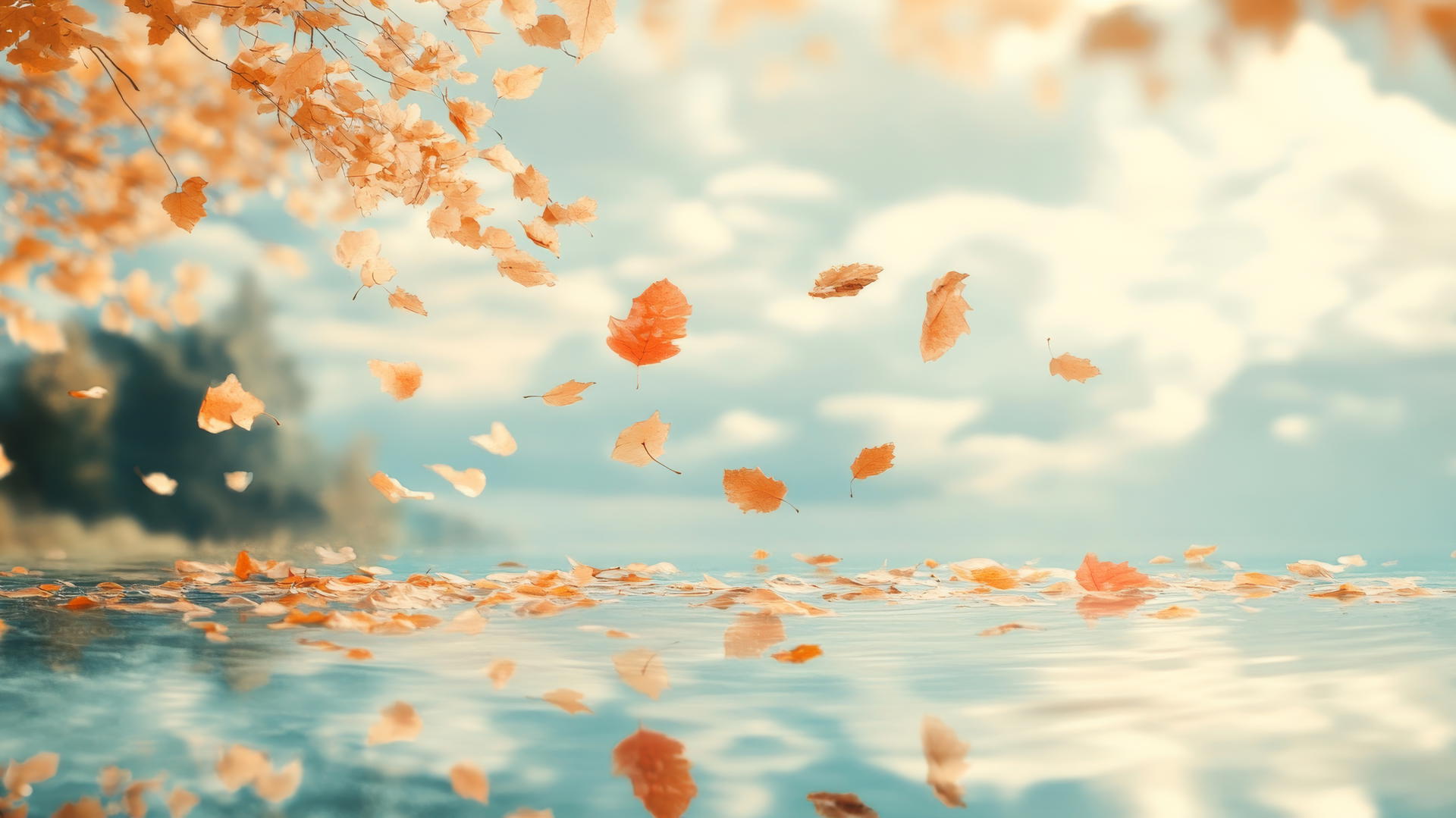 Aesthetic Thanksgiving wallpaper with golden leaves floating above a mirror-like pond, reflecting cloudy autumn sky.