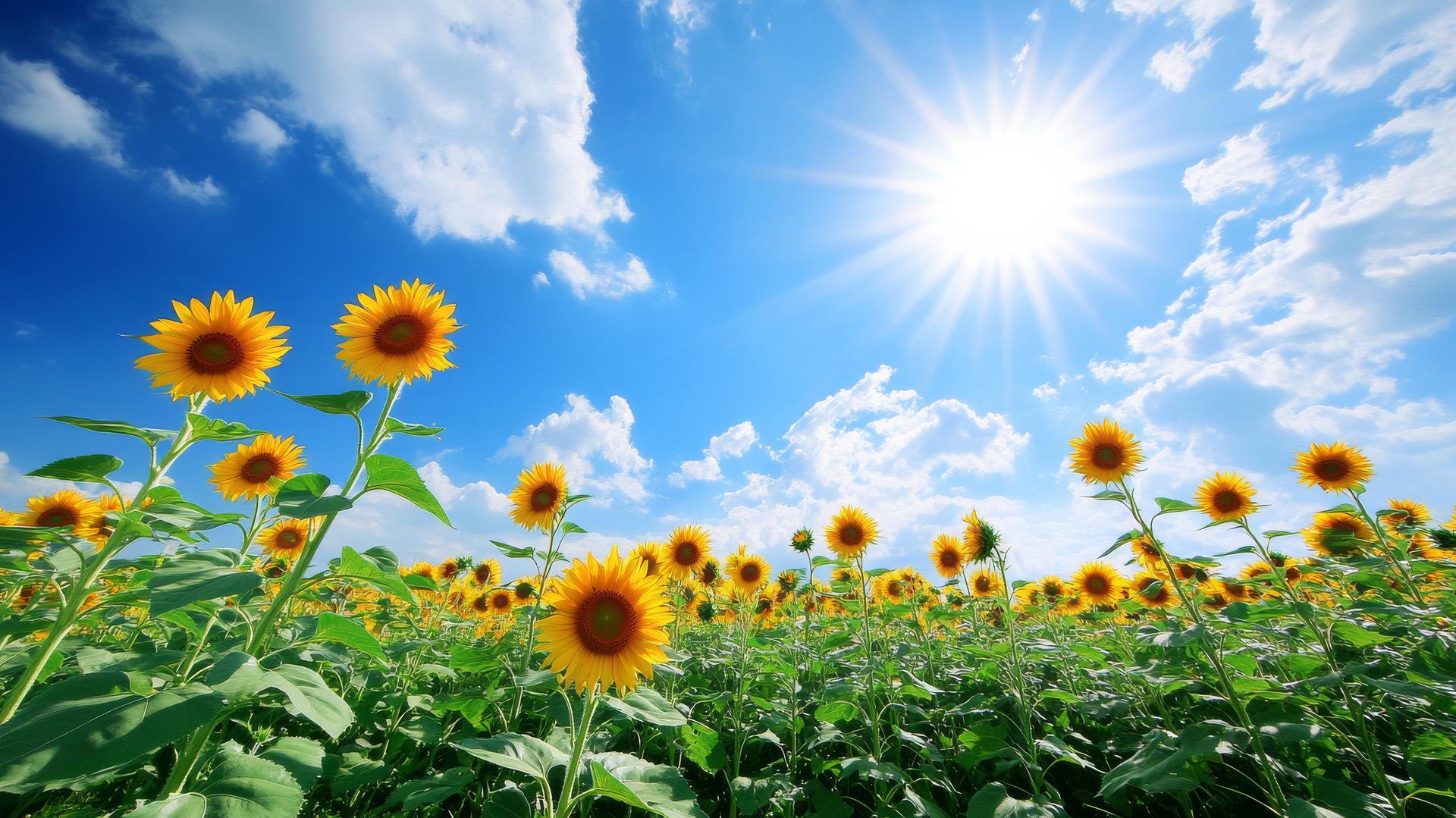 Summer wallpaper desktop of sunflowers swaying under a clear blue sky