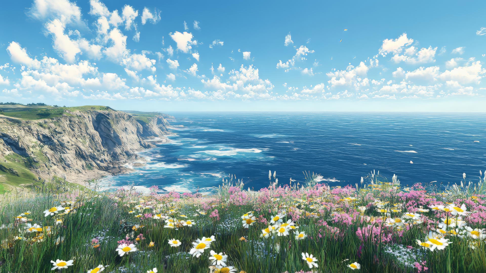 summer aesthetic wallpaper of scenic coastal cliffside view with wildflowers and ocean