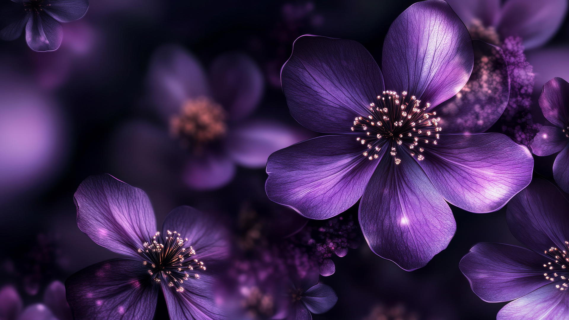 An elegant floral design with intricate purple blossoms against a dark background, purple wallpaper 4k.