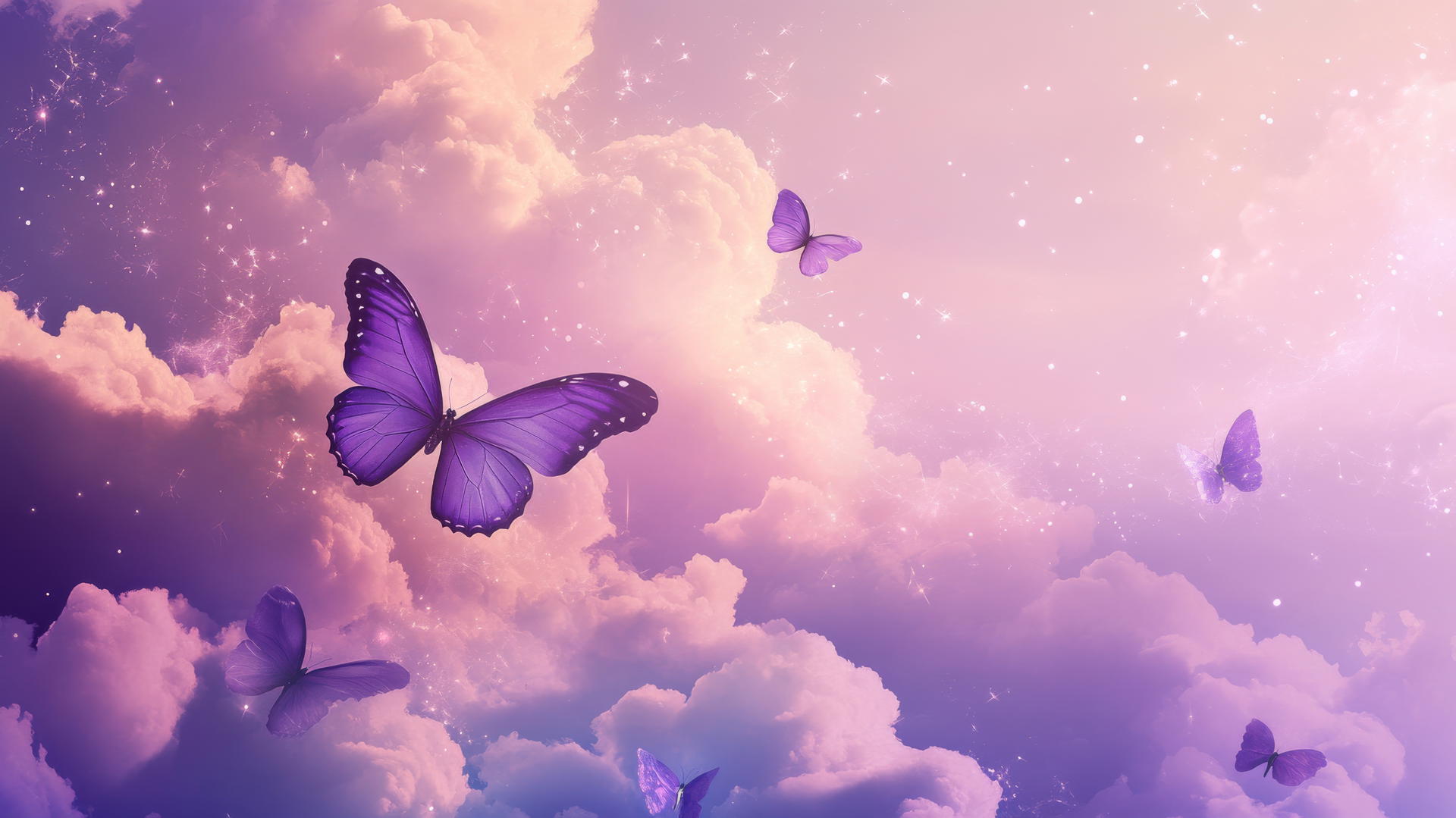 aesthetic purple wallpaper with purple butterflies over pastel clouds and sparkles