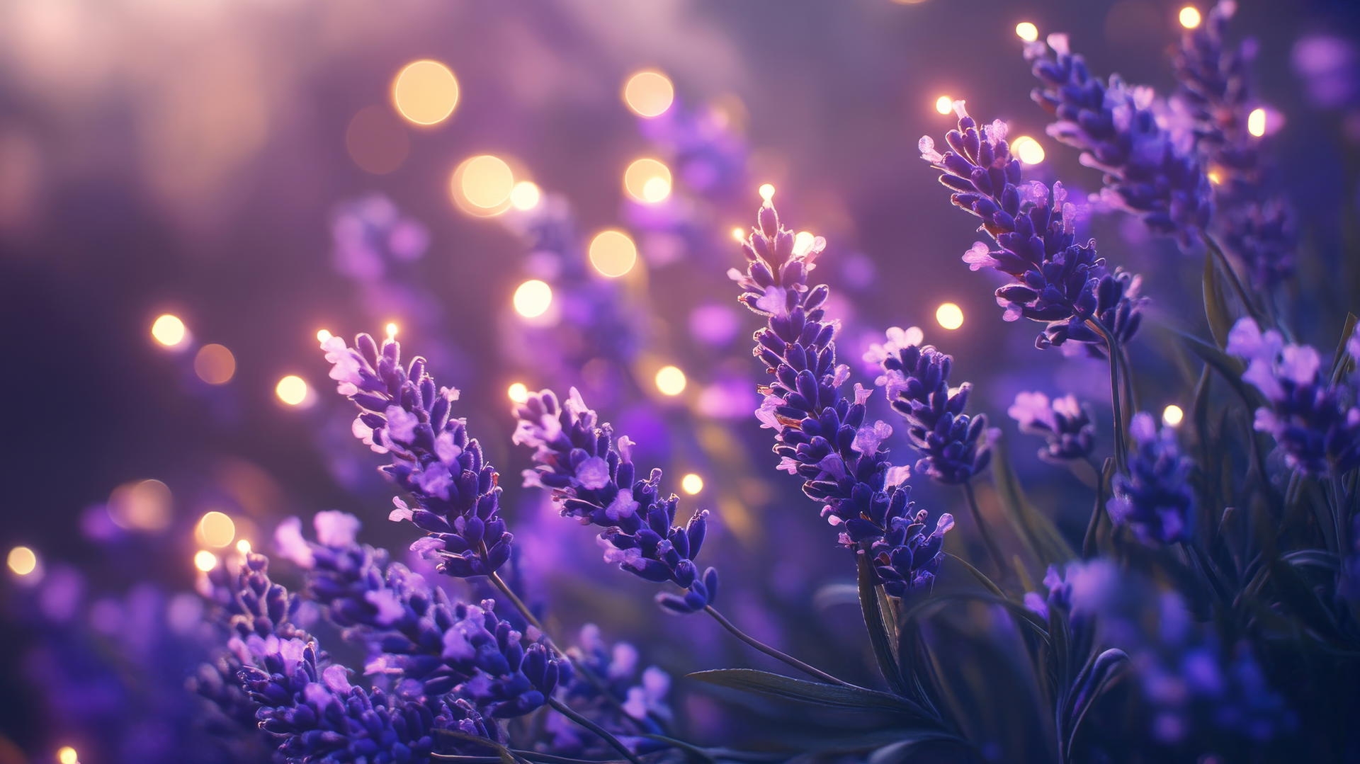 Aesthetic purple wallpaper with glowing fairy lights and blooming lavender flowers