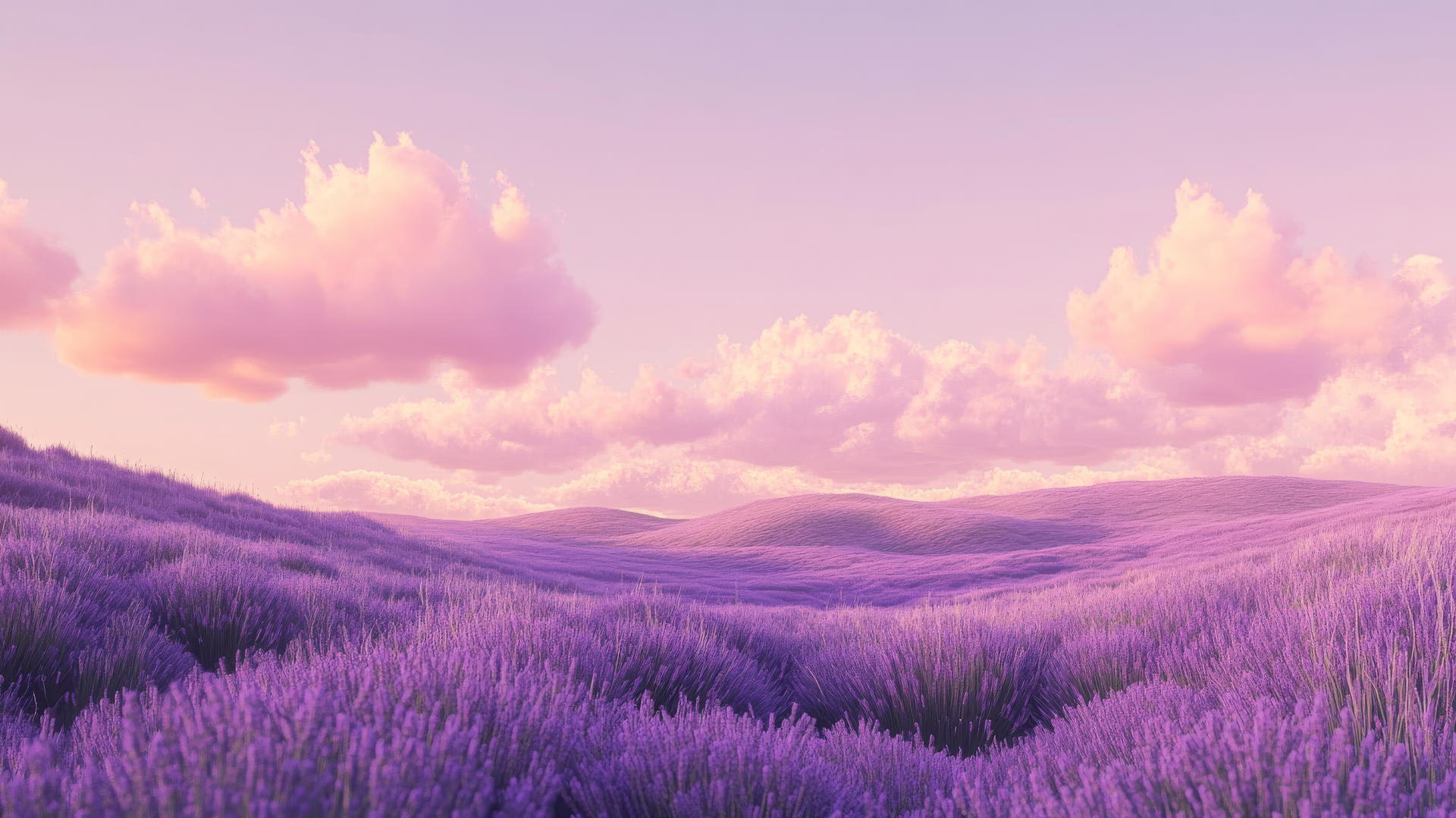 purple wallpaper aesthetic with lavender hills, sunset sky, and pastel clouds