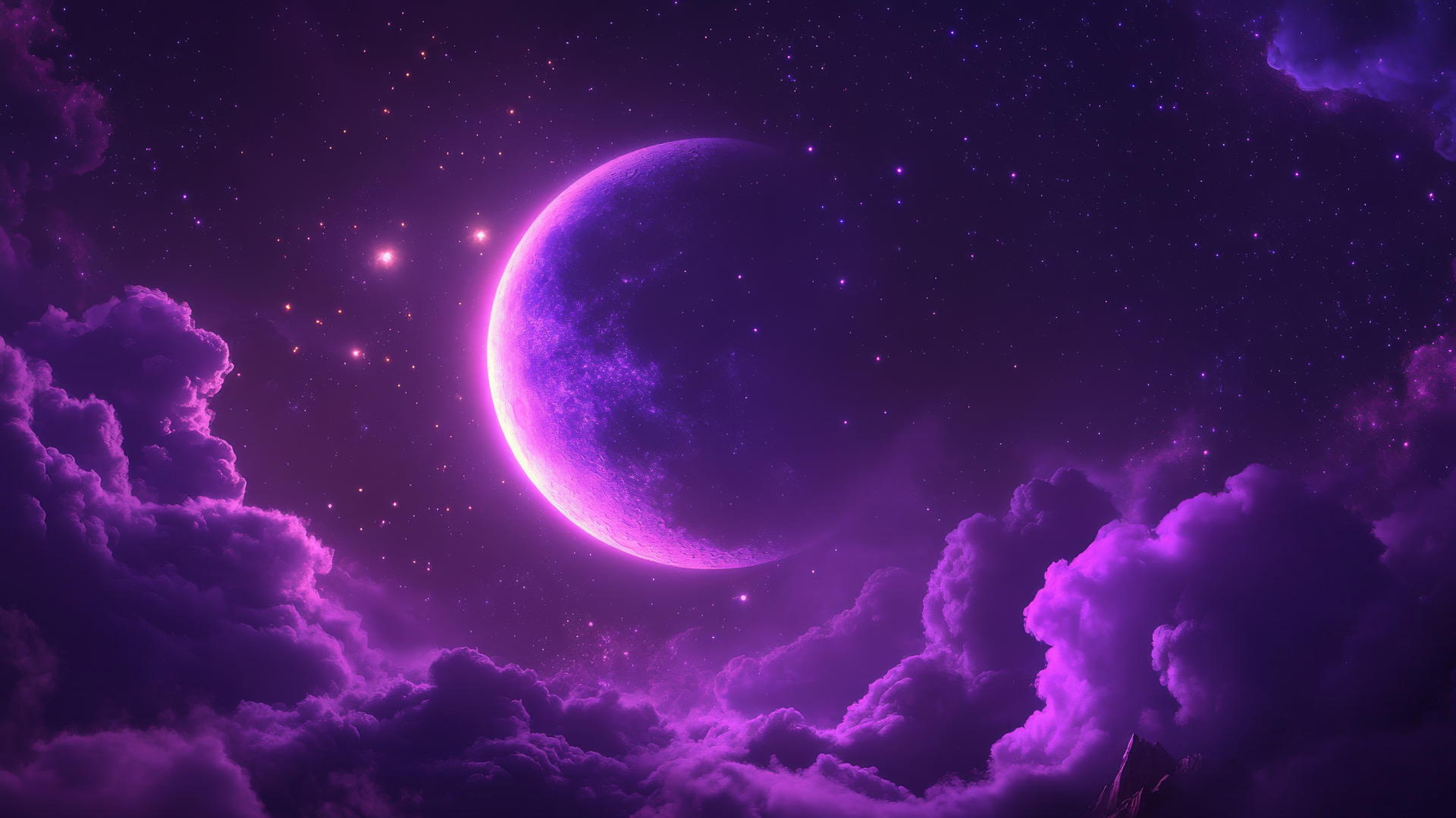 celestial purple background wallpaper with glowing moon, stars, and clouds