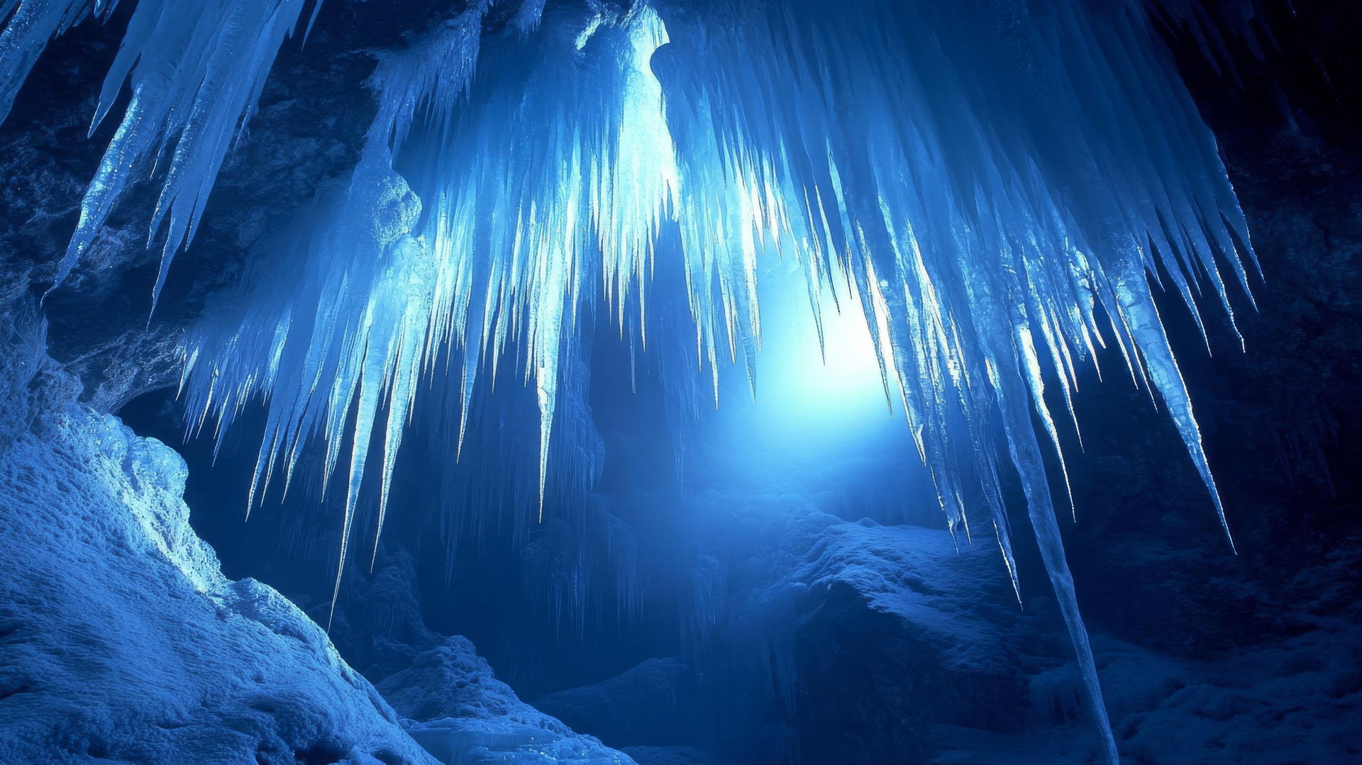 winter background wallpaper with icy cave, blue ice formations, and shimmering icicles