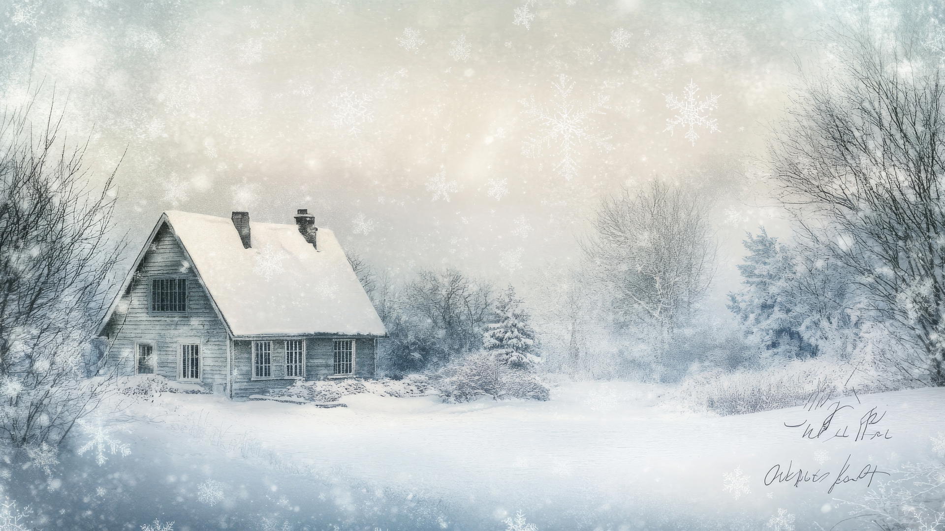 winter aesthetic wallpaper with snowflakes over a cozy cottage