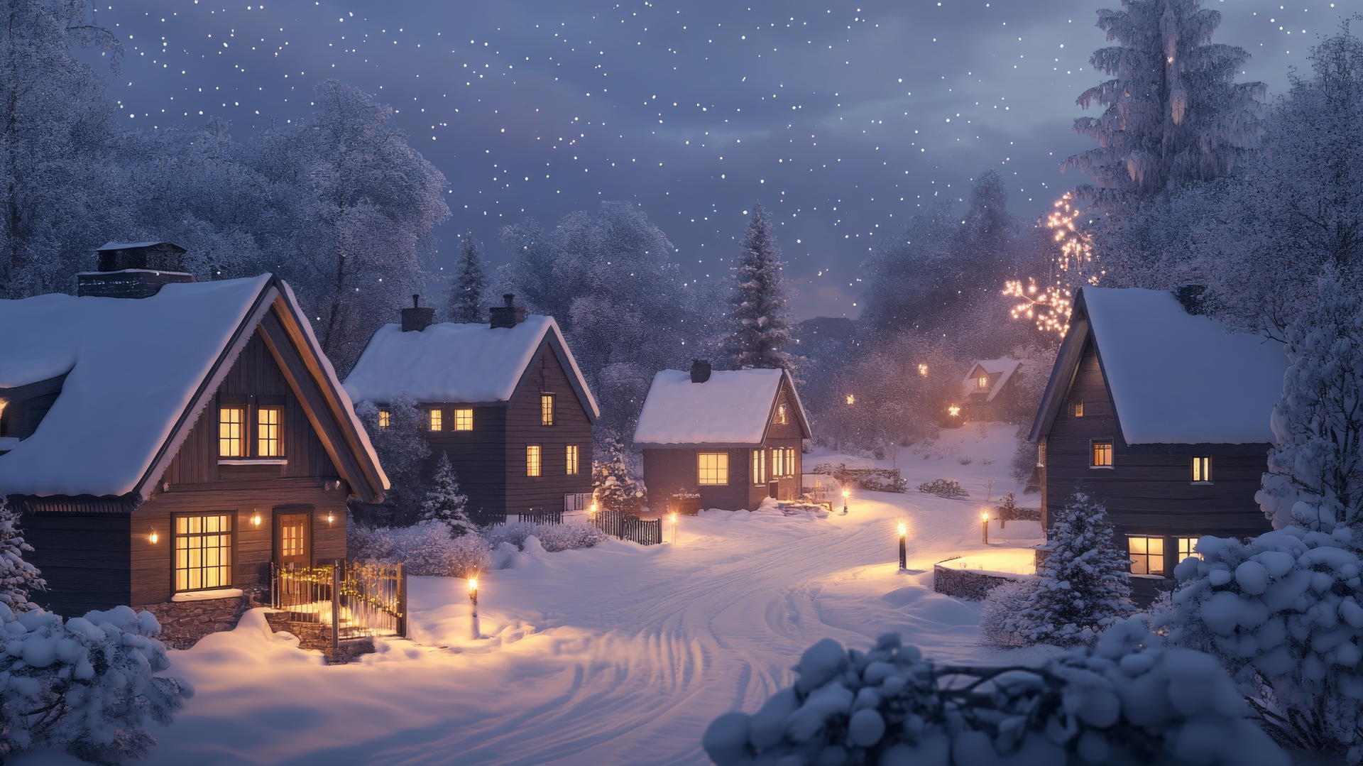 Scandinavian winter village with minimalist houses, snow, and warm lights, winter aesthetic wallpaper