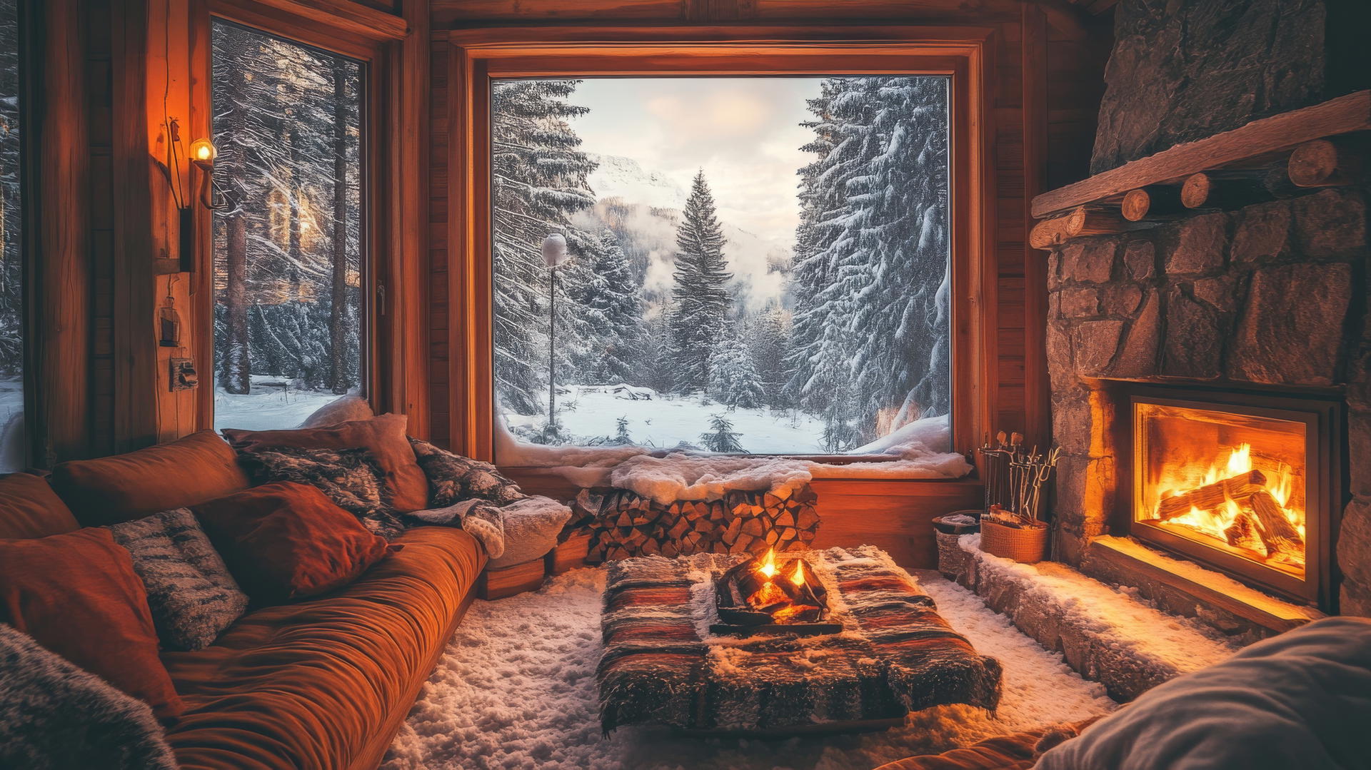aesthetic winter wallpaper with cozy cabin interior, snow-covered forest view, warm fireplace