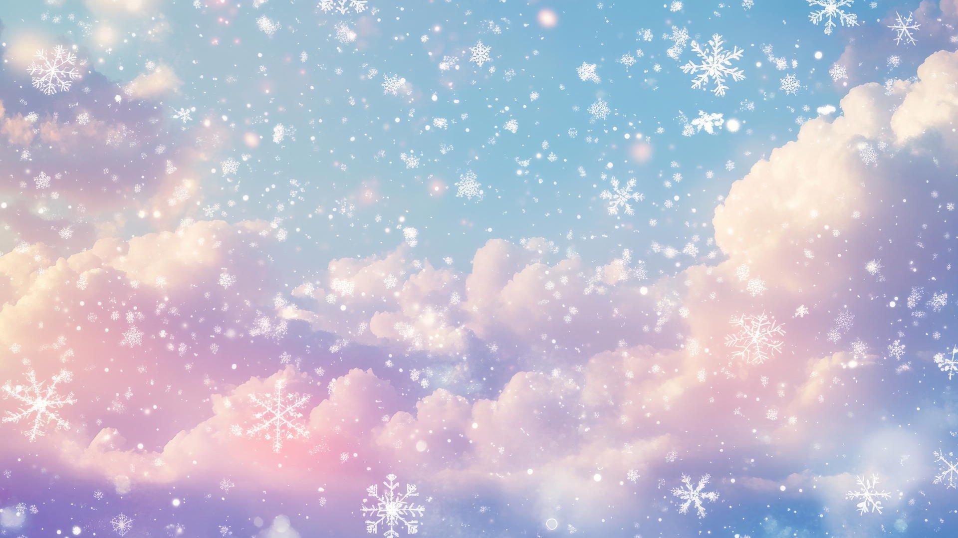 aesthetic winter wallpaper with glowing pastel clouds and falling snowflakes