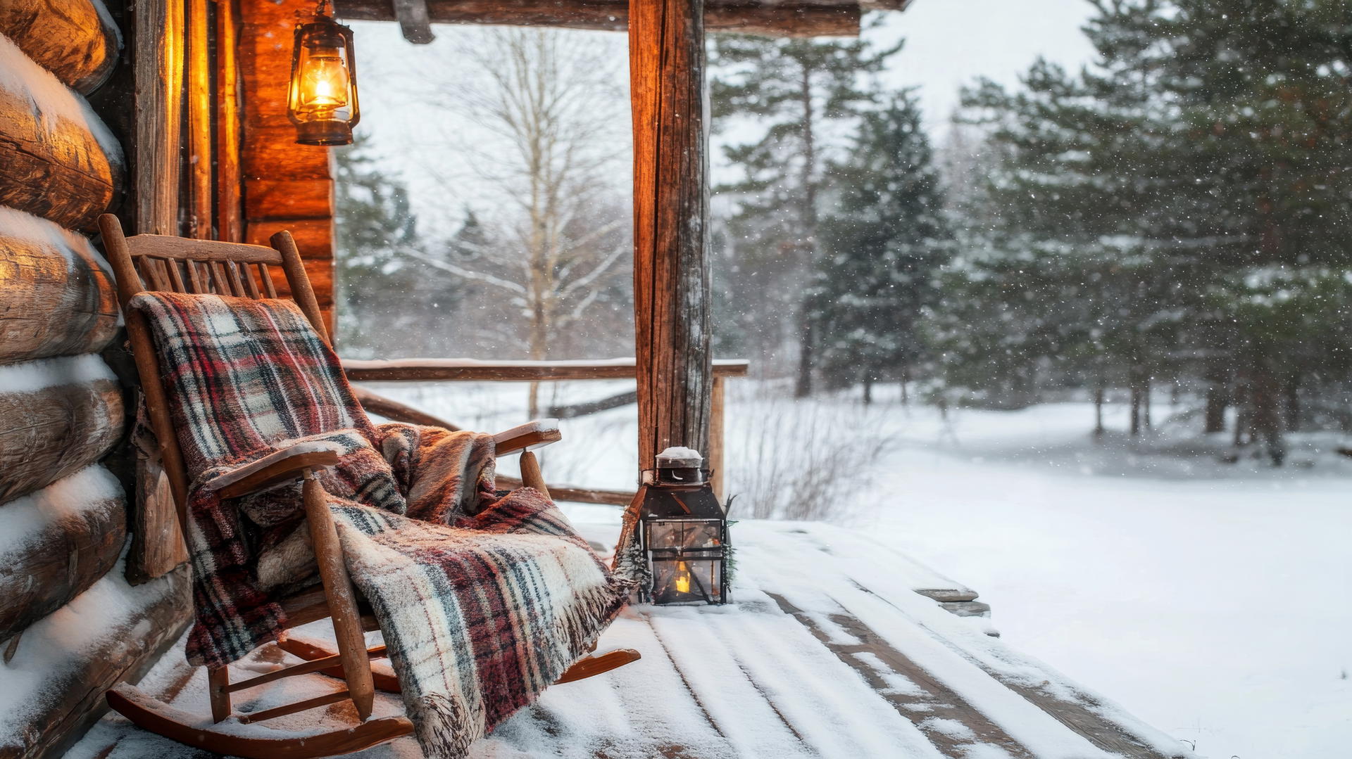 Cozy winter iPhone wallpaper of rustic wooden cabin porch with snow-covered rocking chair, plaid blanket, and lantern.