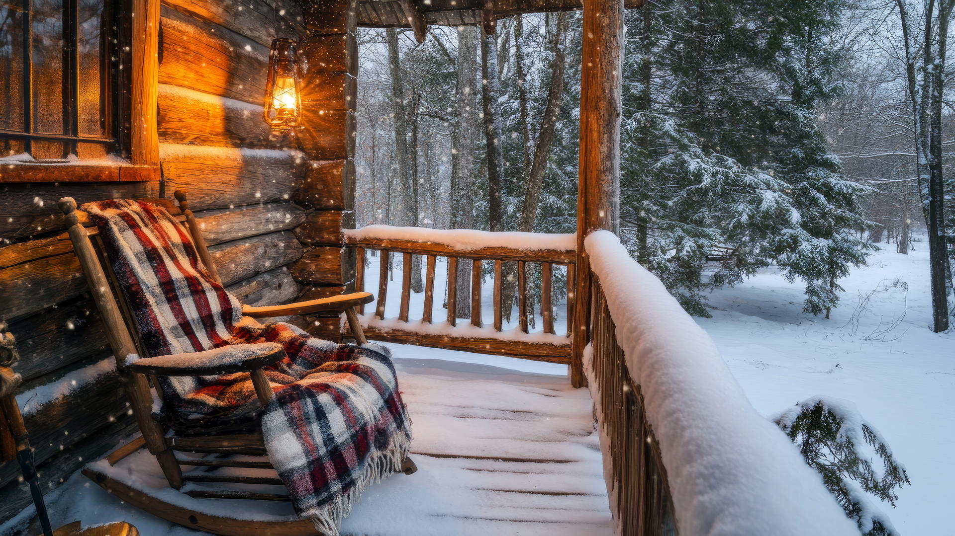 Cozy winter iPhone wallpaper featuring a snowy rustic cabin porch with a rocking chair, plaid blanket, and glowing lantern.