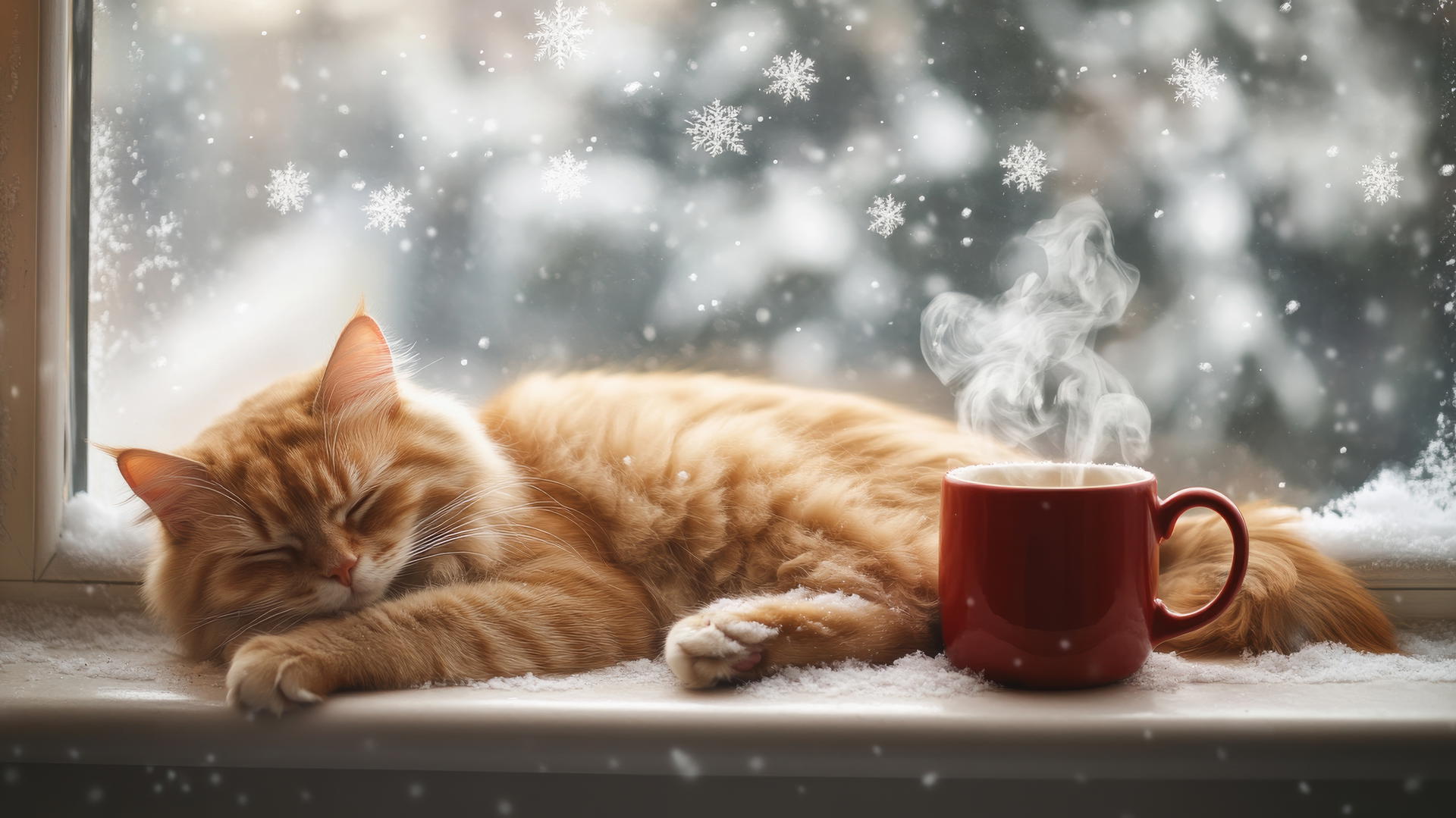 Cozy winter iPhone wallpaper of a ginger cat curled up on a windowsill with a tea