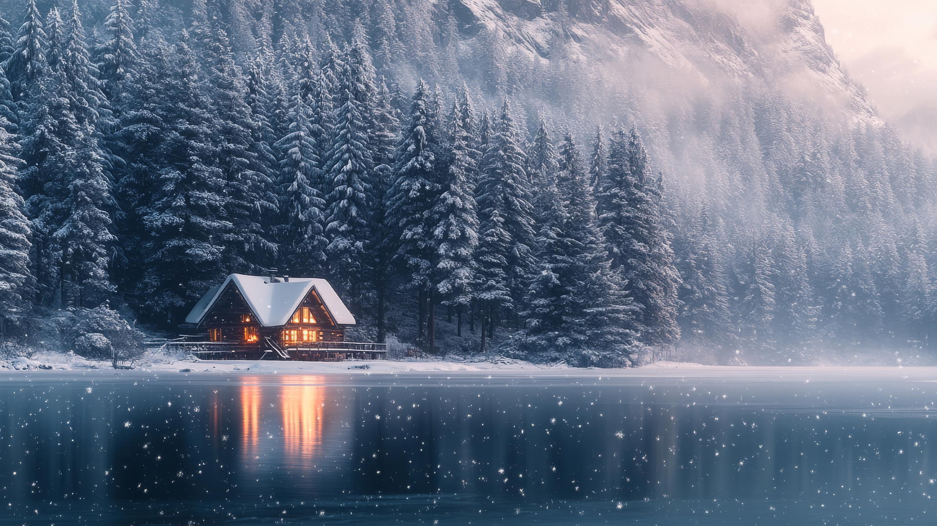 A panoramic view of a remote winter cabin by a frozen lake with snow-covered trees, beautiful winter wallpaper.