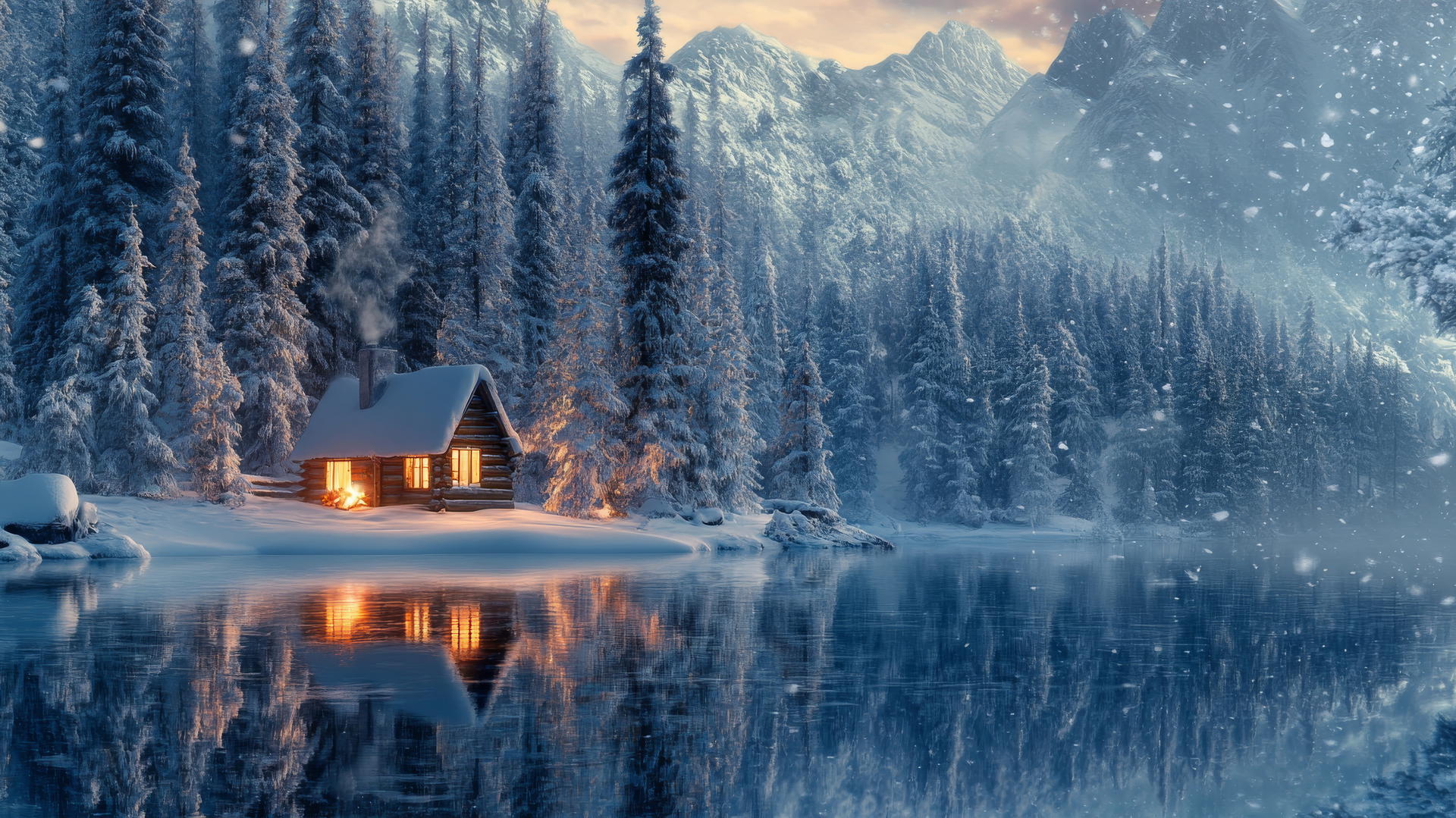 beautiful winter wallpaper with a remote cabin, frozen lake, and snowy trees