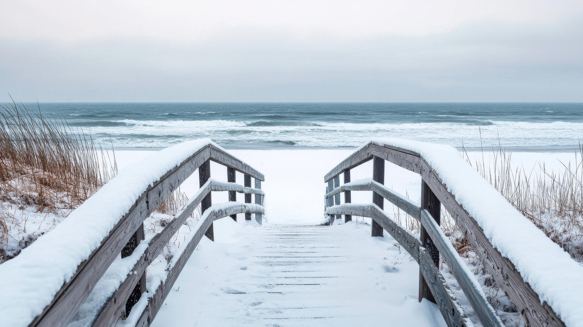 Snowy boardwalk leading to a frozen beach under a pale winter sky, winter wallpaper aesthetic