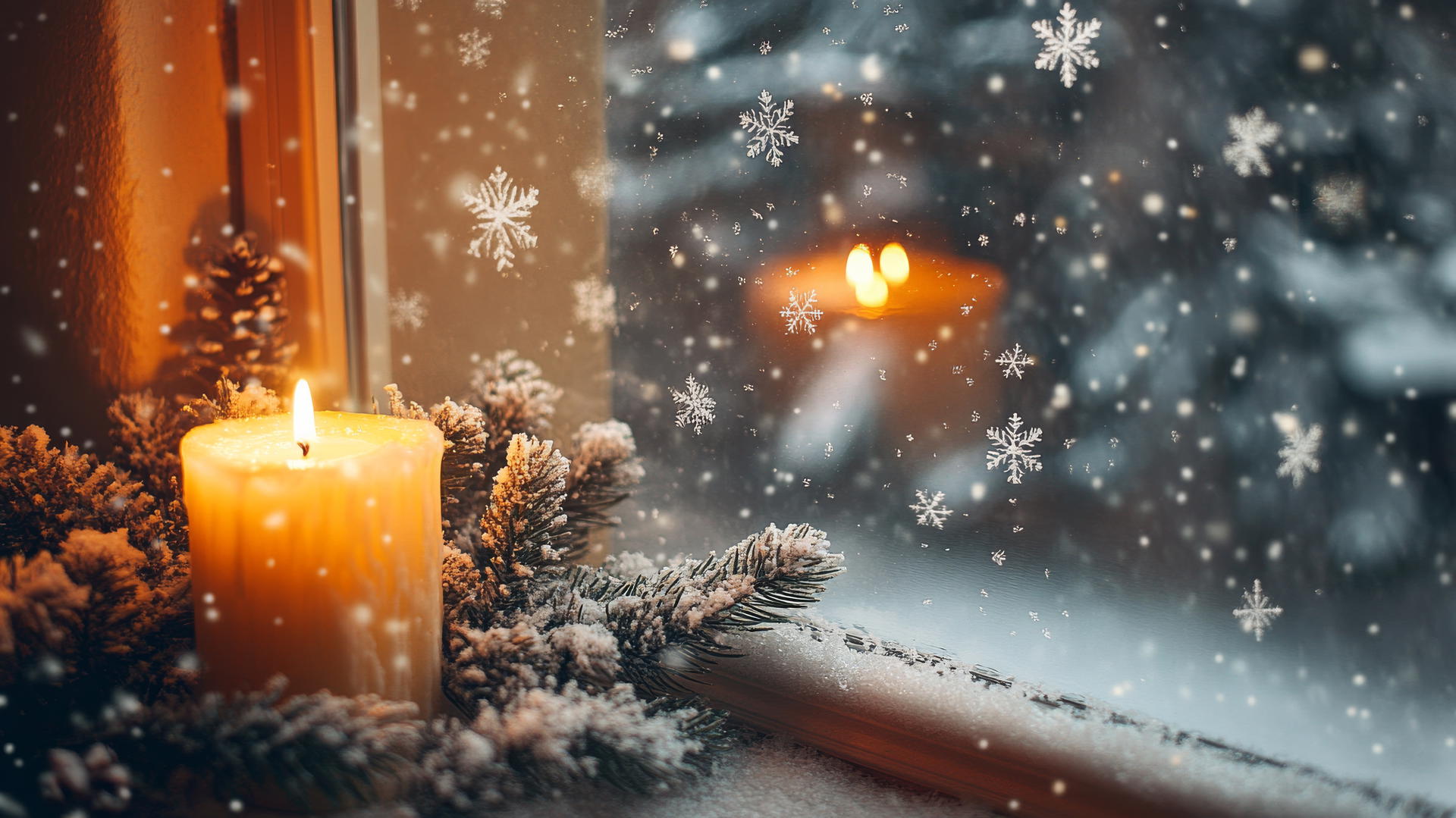 winter wallpaper aesthetic, cozy candlelit windowsill with pine branches and snowflakes on frosted glass