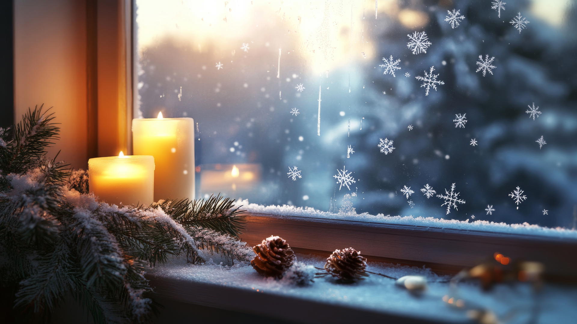 winter wallpaper aesthetic featuring a cozy candlelit windowsill with pine branches and snowflakes on frosted glass